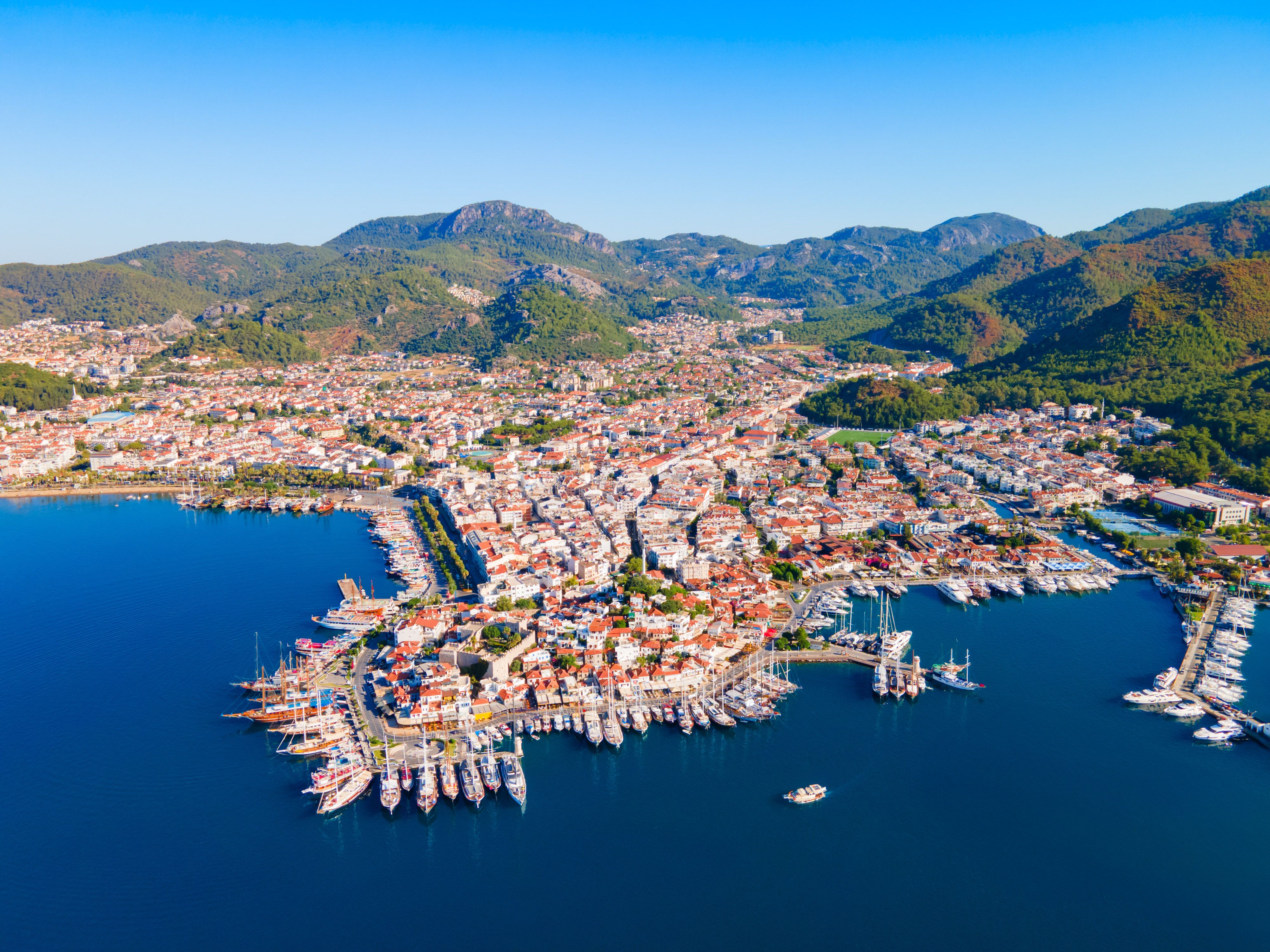 An aerial view of Marmaris harbour and resort in the Dalaman region of Turkey
