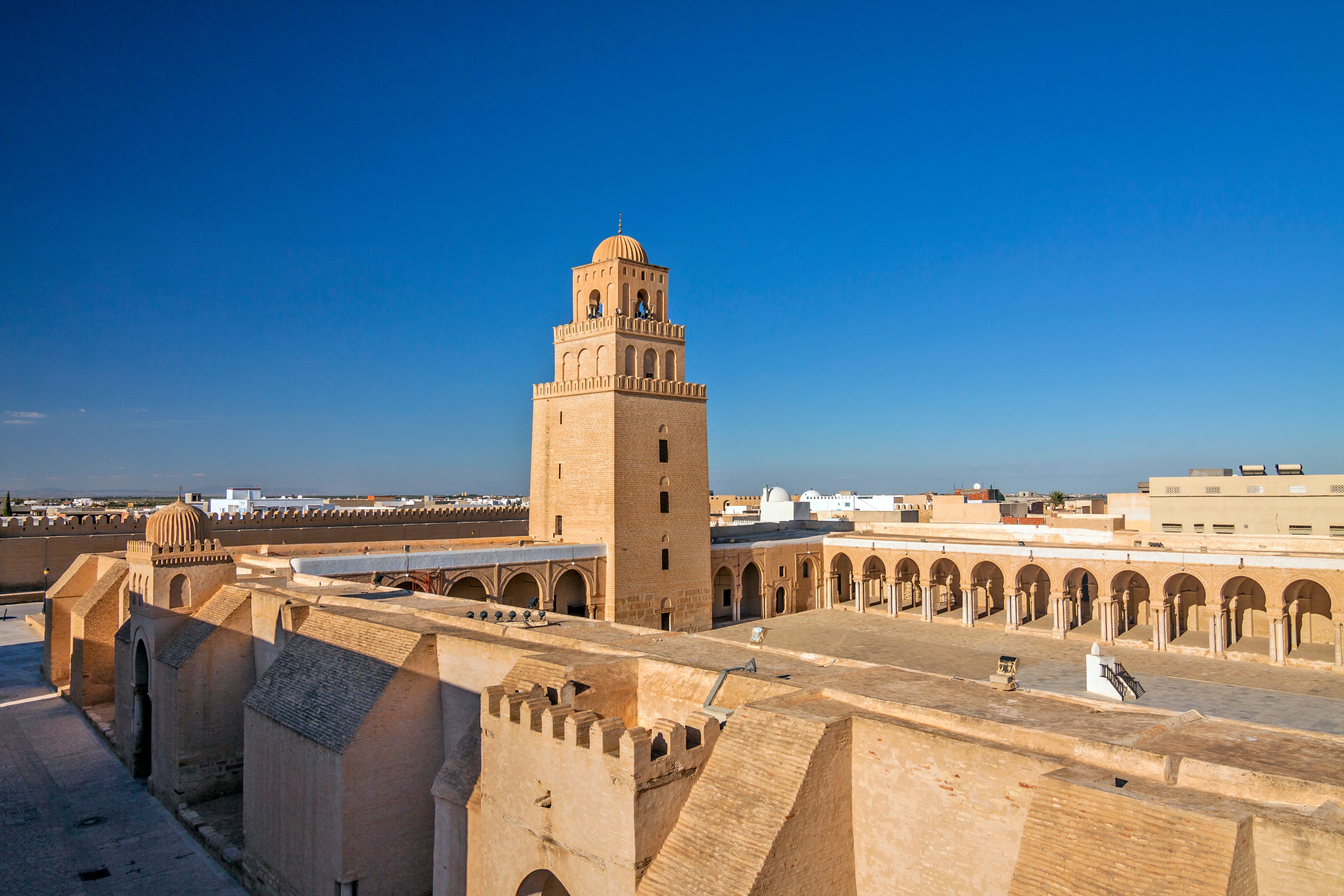Panoramic view of the Great Mosque and Medina in the city of Kairouan in Tunisia