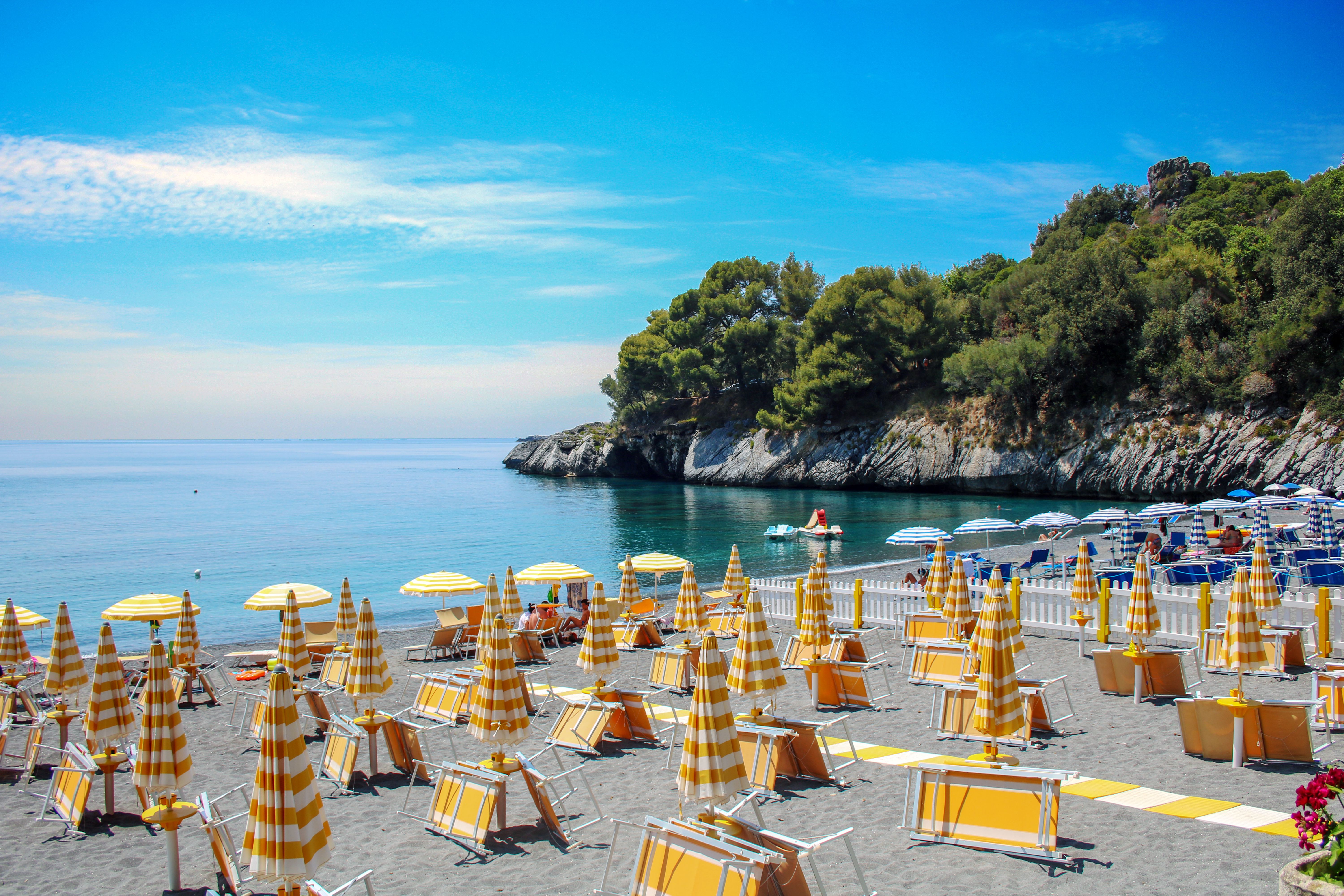 A view of sun-loungers on Macarro beach in Basilicata, Italy