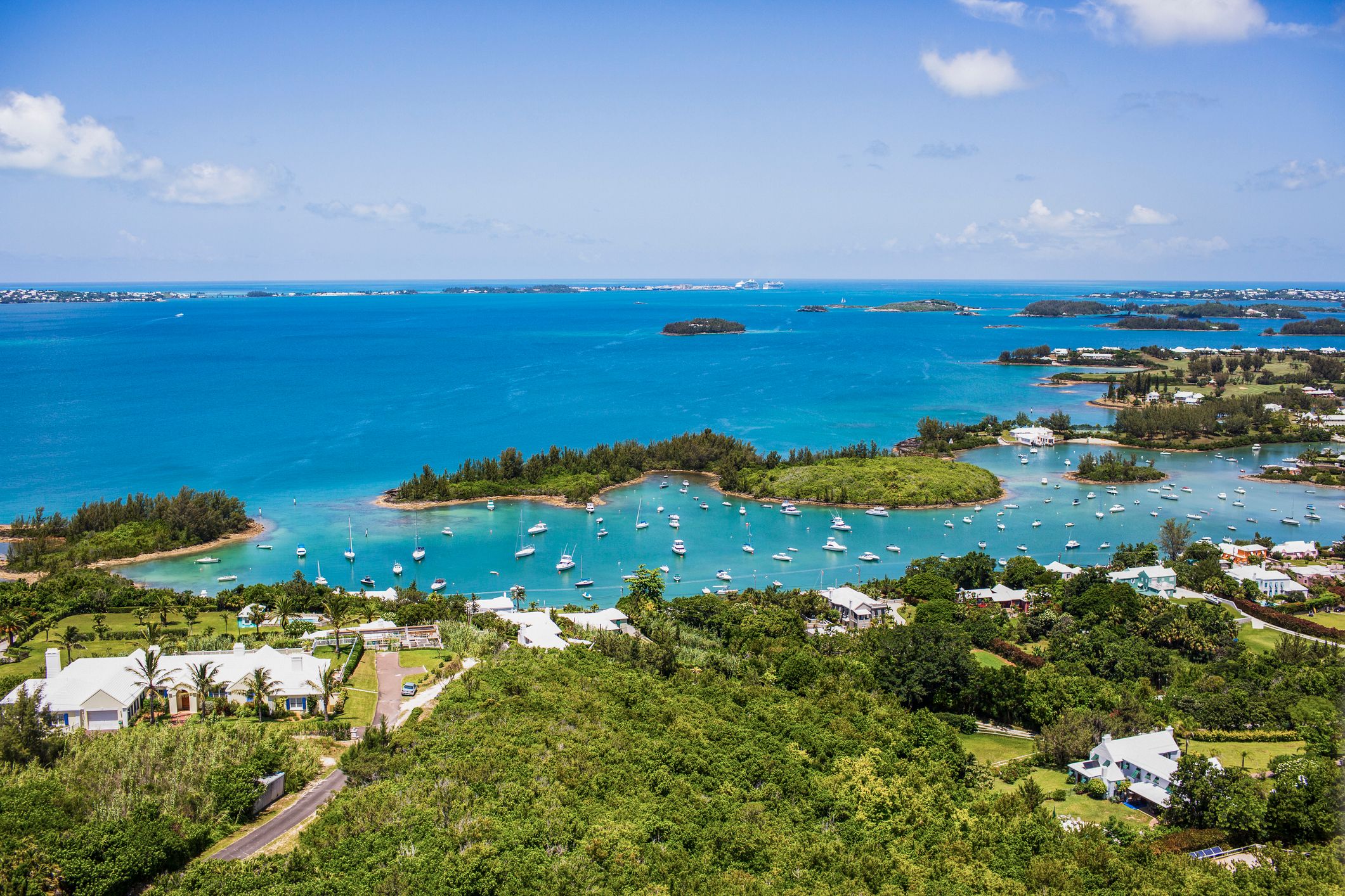 A view of Bermuda coastline with island lagoons and sailing boats