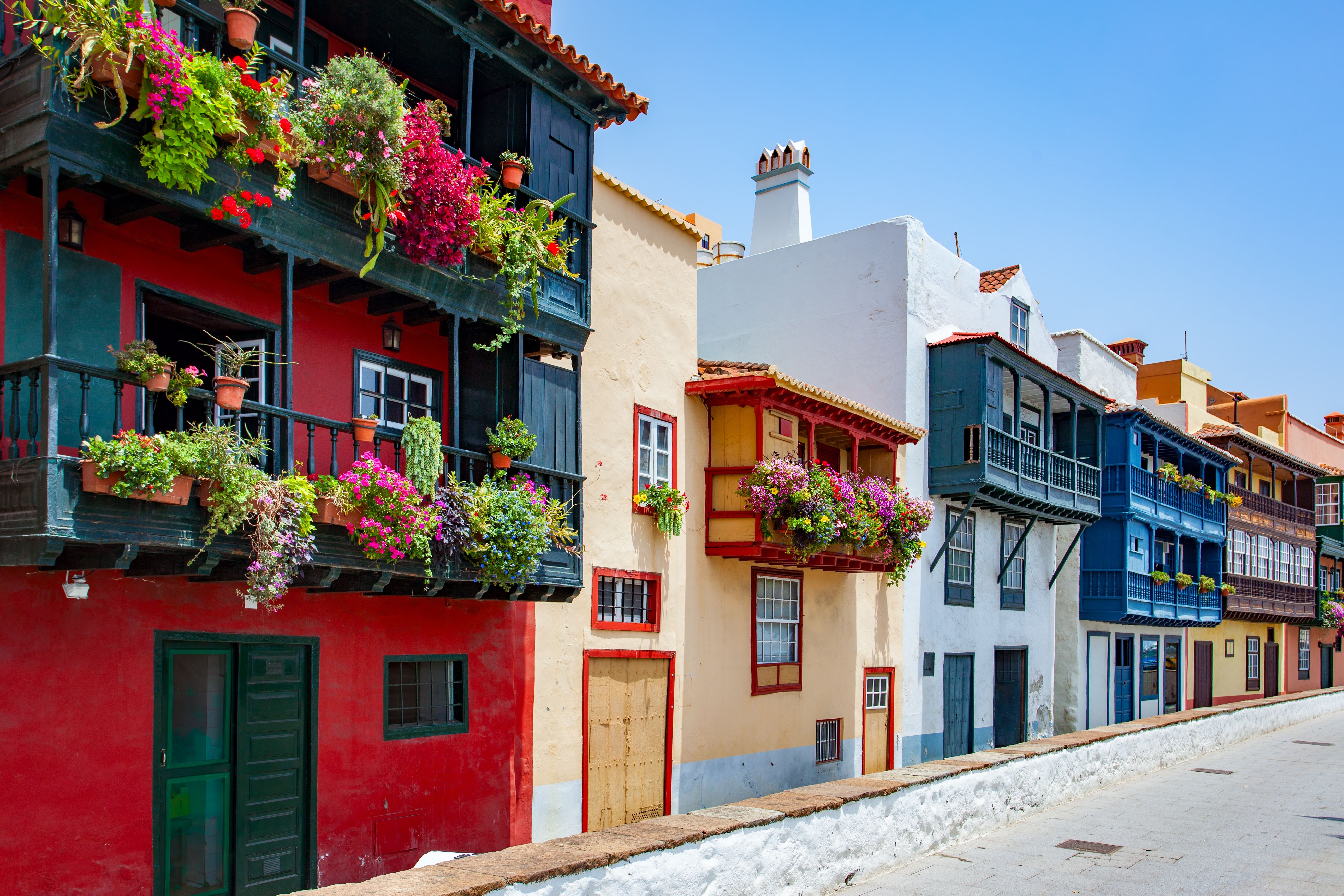 A colourful street with typical local houses in Santa Cruz de La Palma city, La Palma, Canary Islands