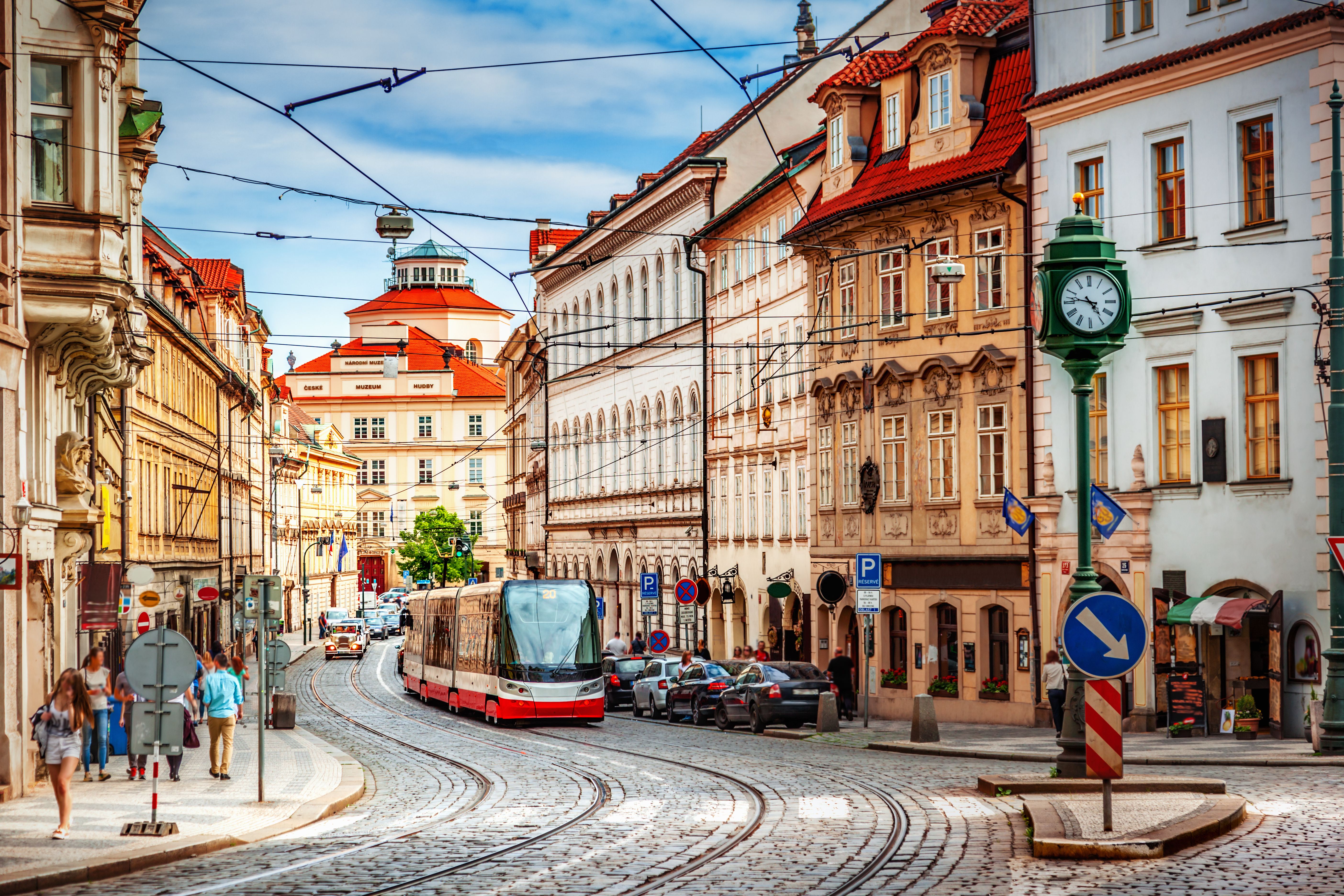 A tram in the centre of Prague old town