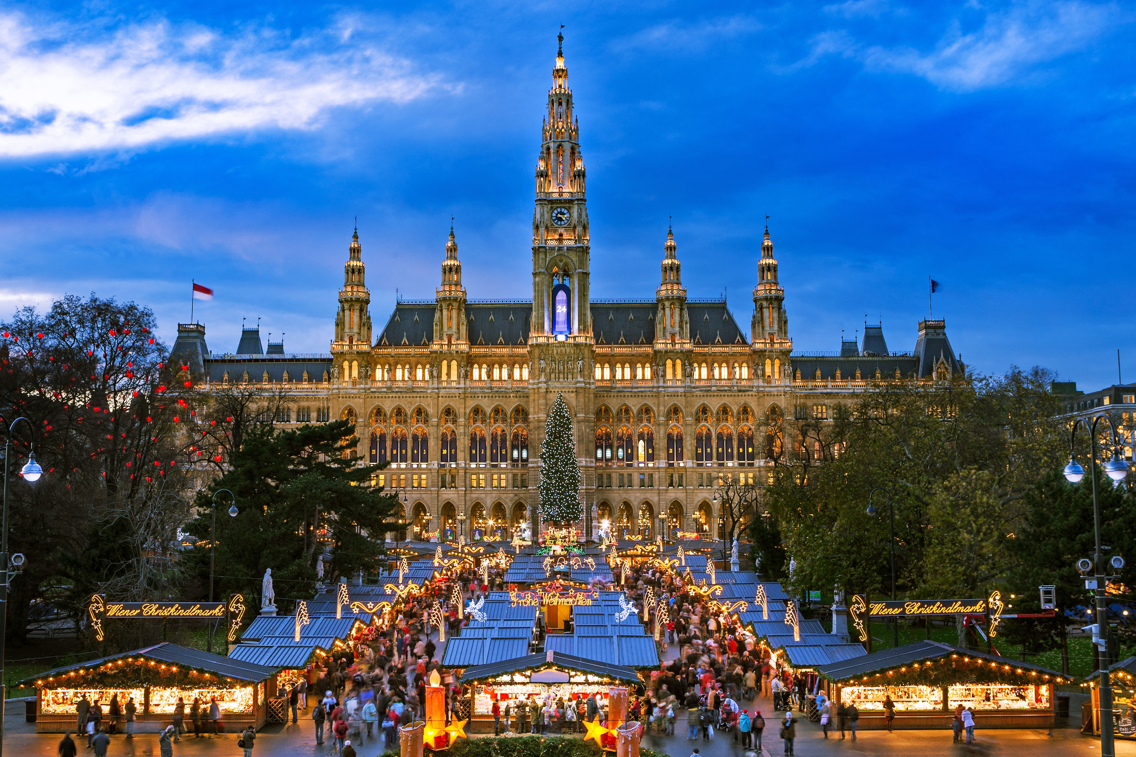 Christmas Markets in Vienna in front of the City Hall decorated in lights