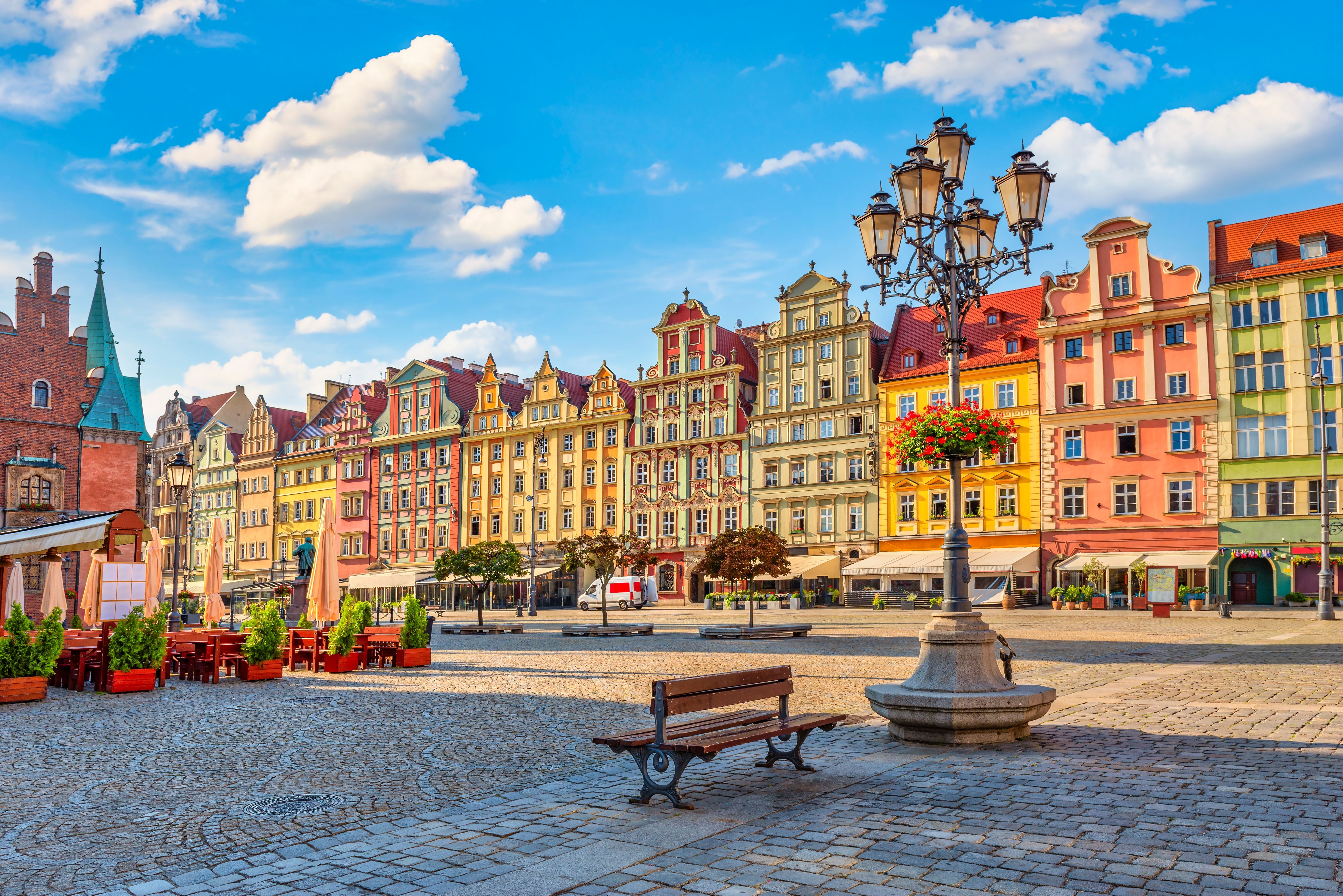 A view of the Market Square in the Old Town of Wroclaw on a summer day, Poland