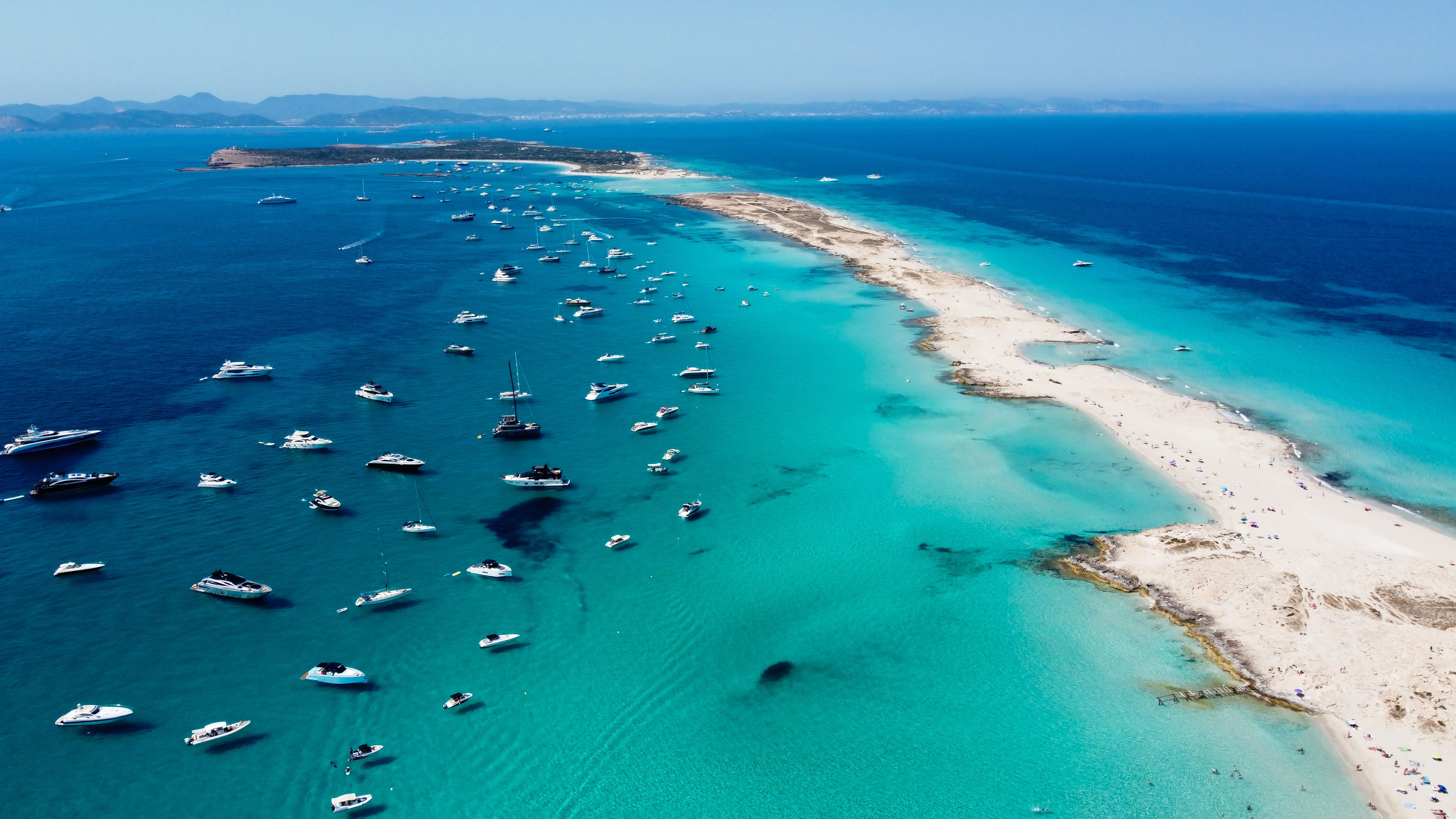Aerial view of the beaches of Ses Illetes on the island of Formentera in the Balearic Islands