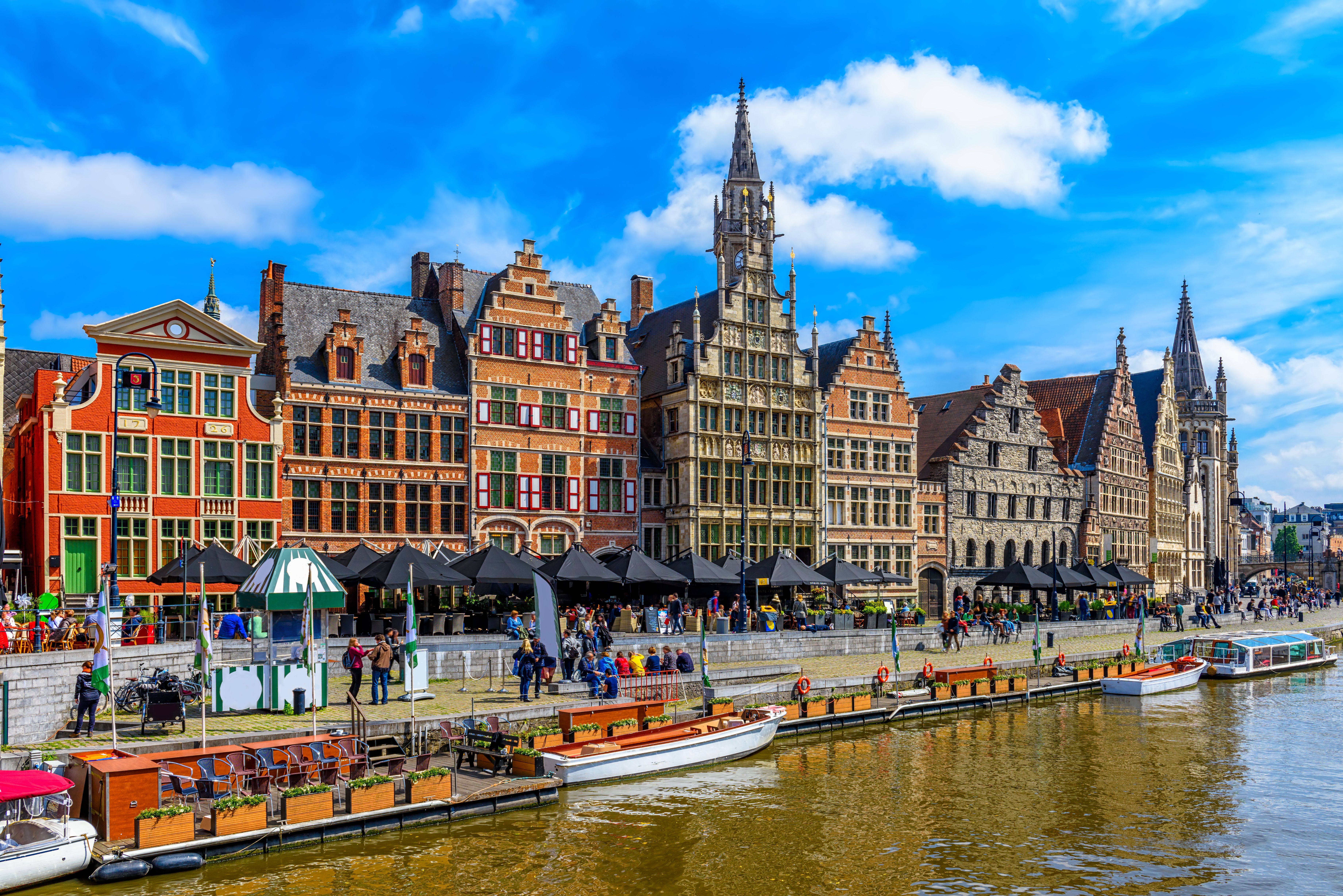 View of Graslei quay and Leie river in the historic city centre in Ghent, Belgium.