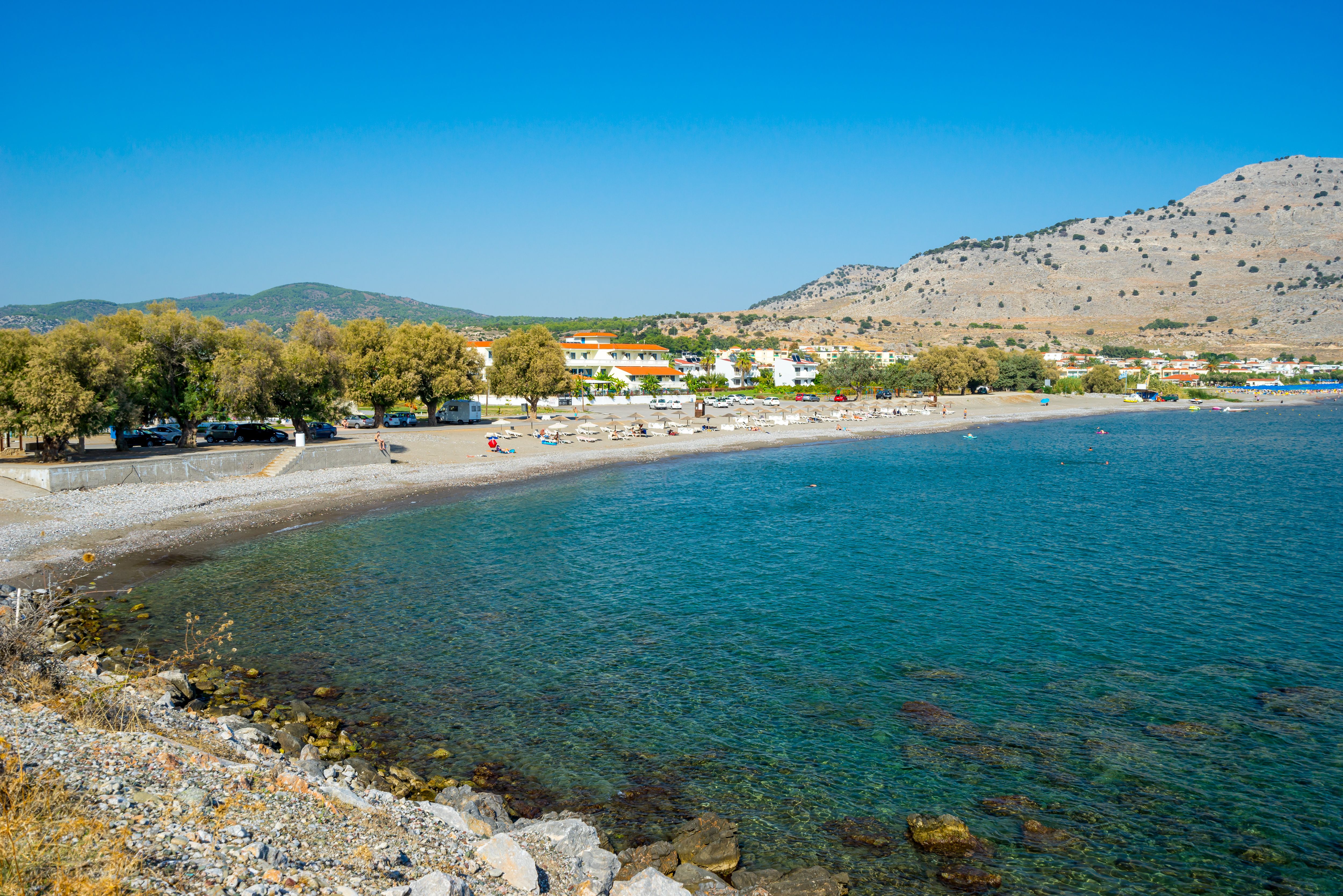 A view of Lardos Beach in Rhodes, Greece