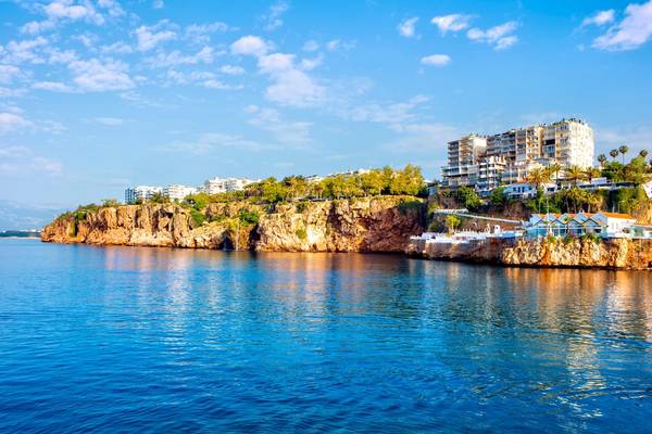 Antalya coastline with hotels perched along the cliffs overlooking the Mediterranean