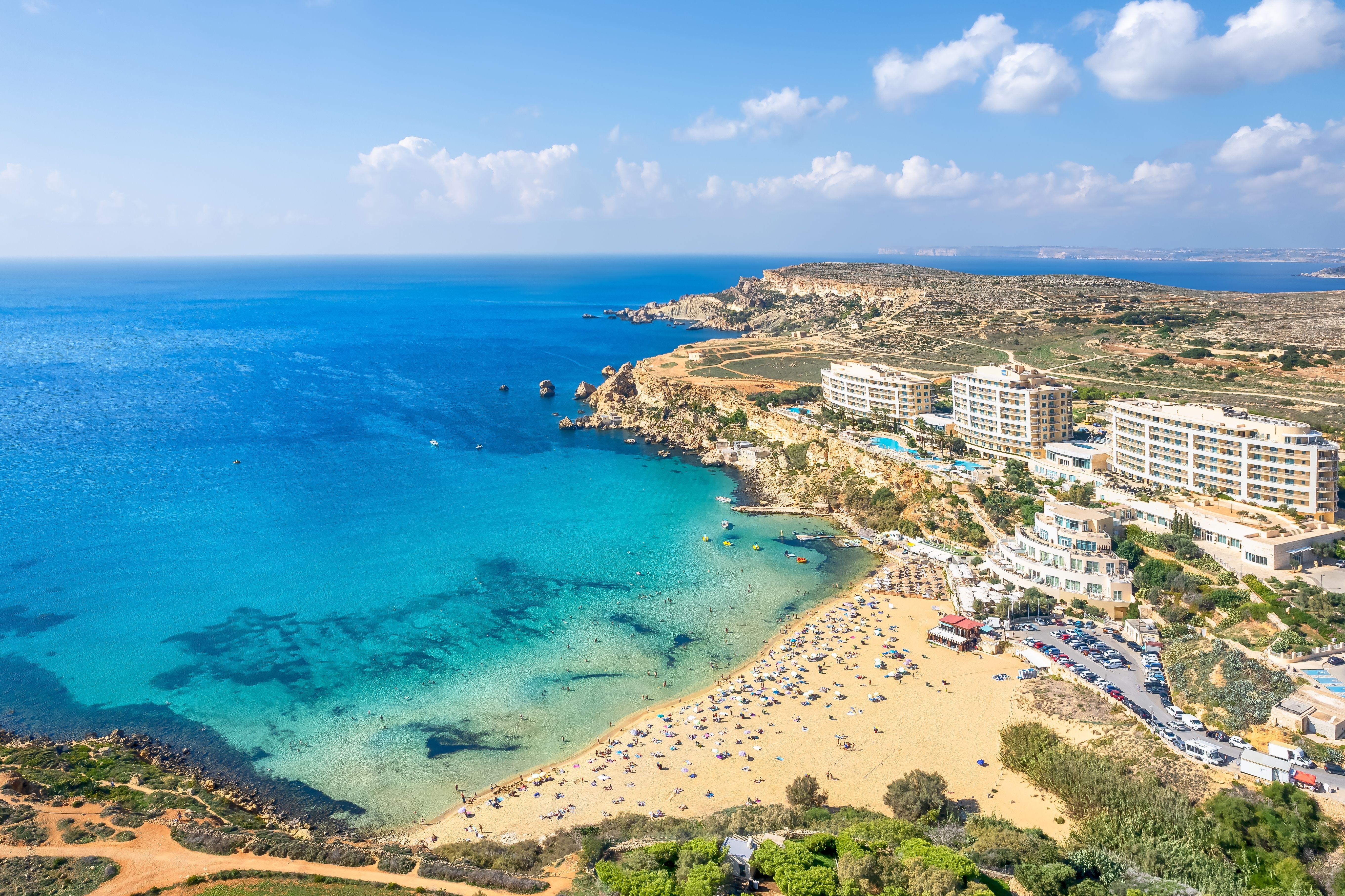 An aerial view of Golden bay beach in Mellieha, Malta