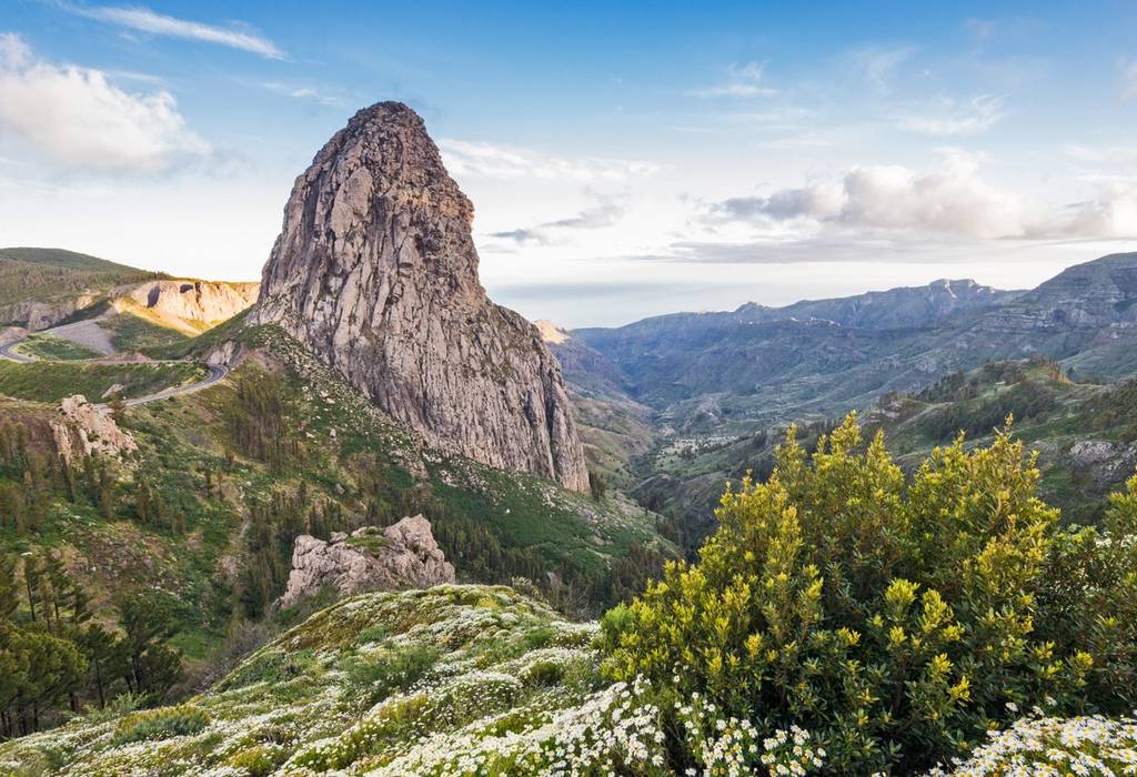 View of Roque Agando rising above a green valley with flowers in La Gomera