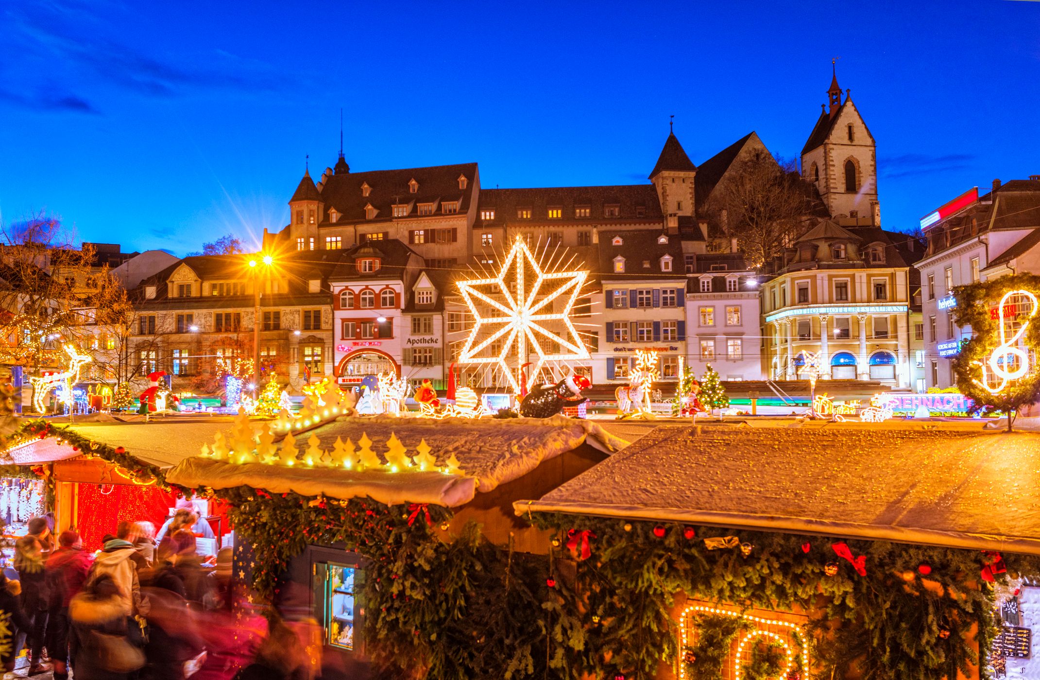 View over the christmas market at the Barfüssplatz in Basel, Switzerland