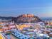 Aerial panoramic view of Ljubljana city centre decorated for Christmas with a dusting of snow