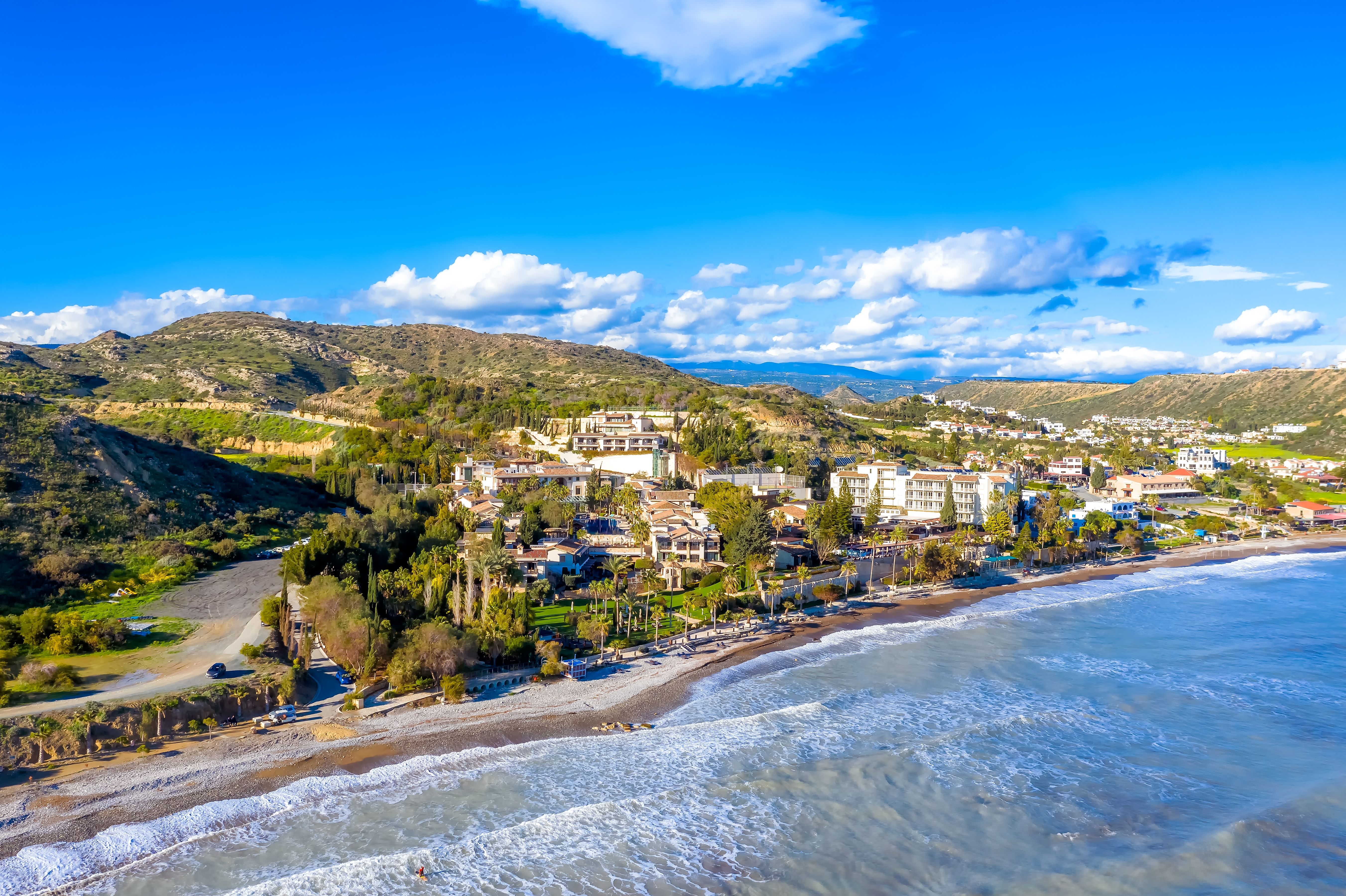 View of beach and hotels along the coast of Pissouri in Cyprus