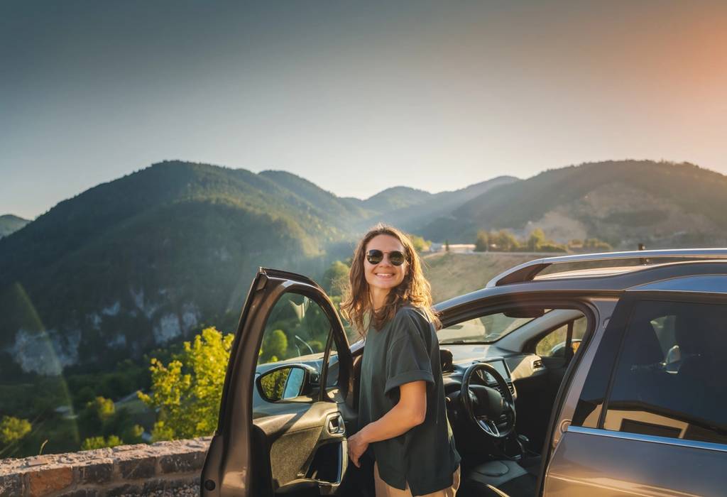 A young woman in sunglasses stands next to the open door of a car smiling with a view of green mountains in the background.