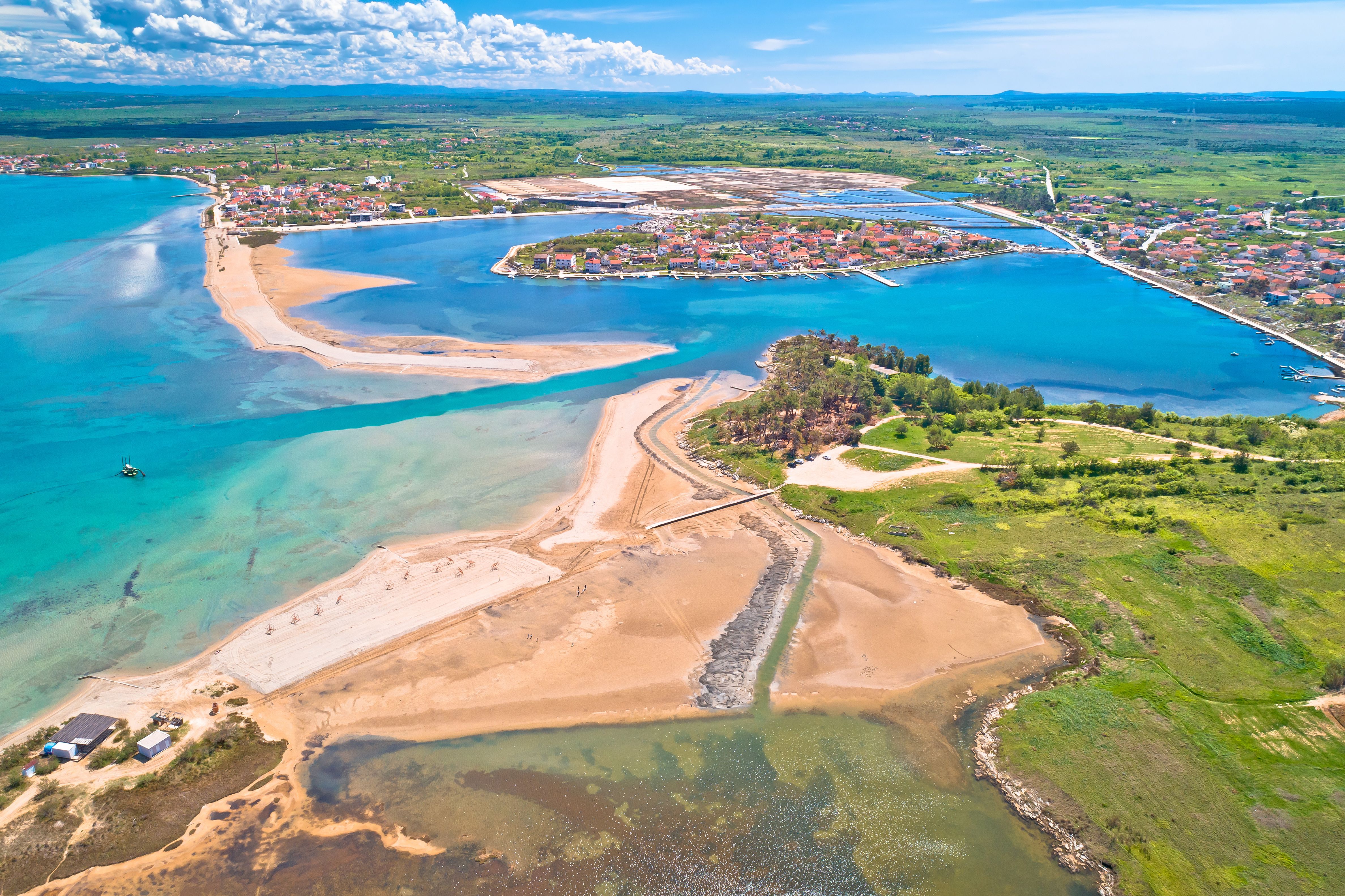 An aerial view of Kraljicina Beach (also known as Queen's Beach) in Nin, Croatia