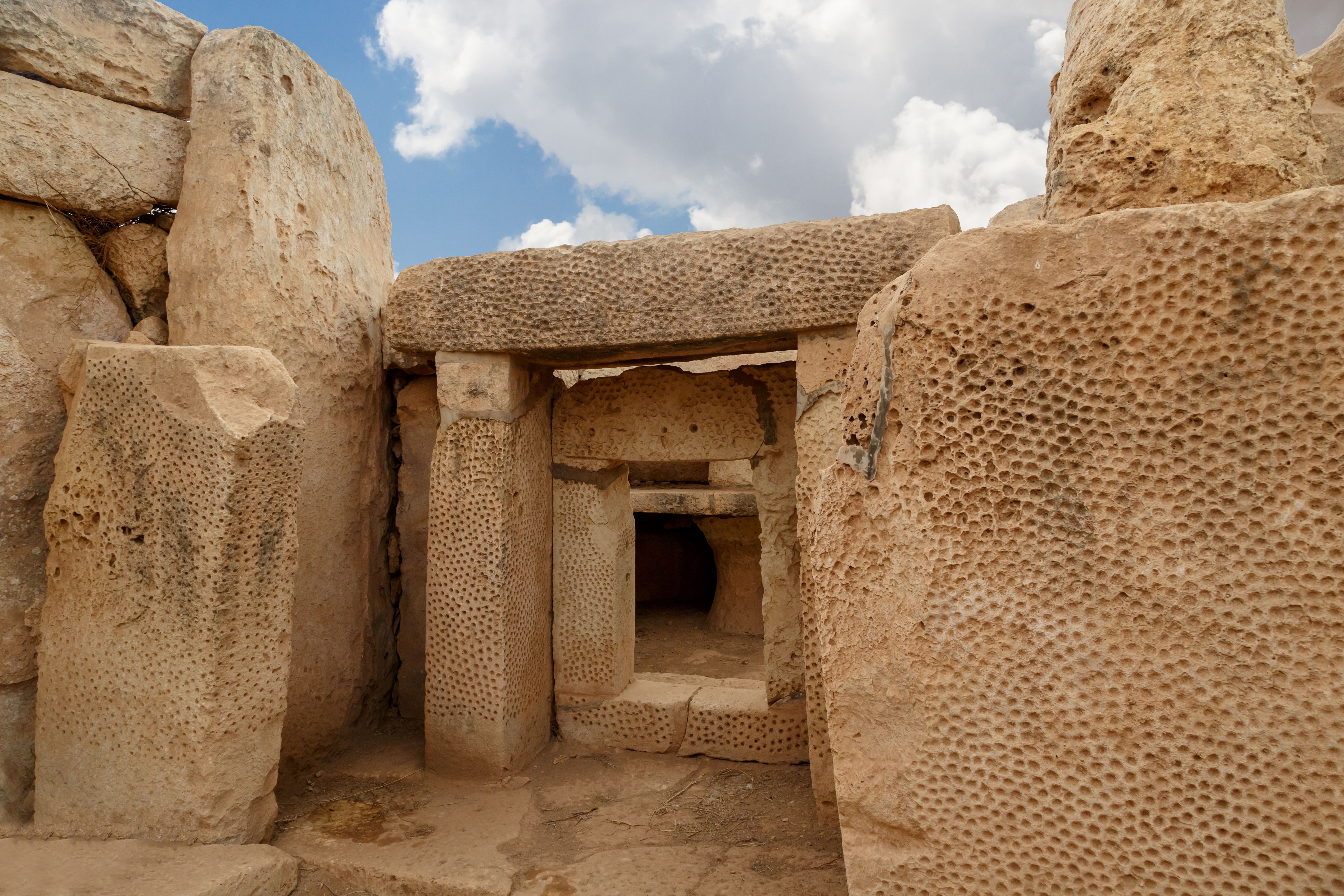 A view of ancient limestone structures of Hagar Qim and Gnajdra Temples in Qrendi, Malta