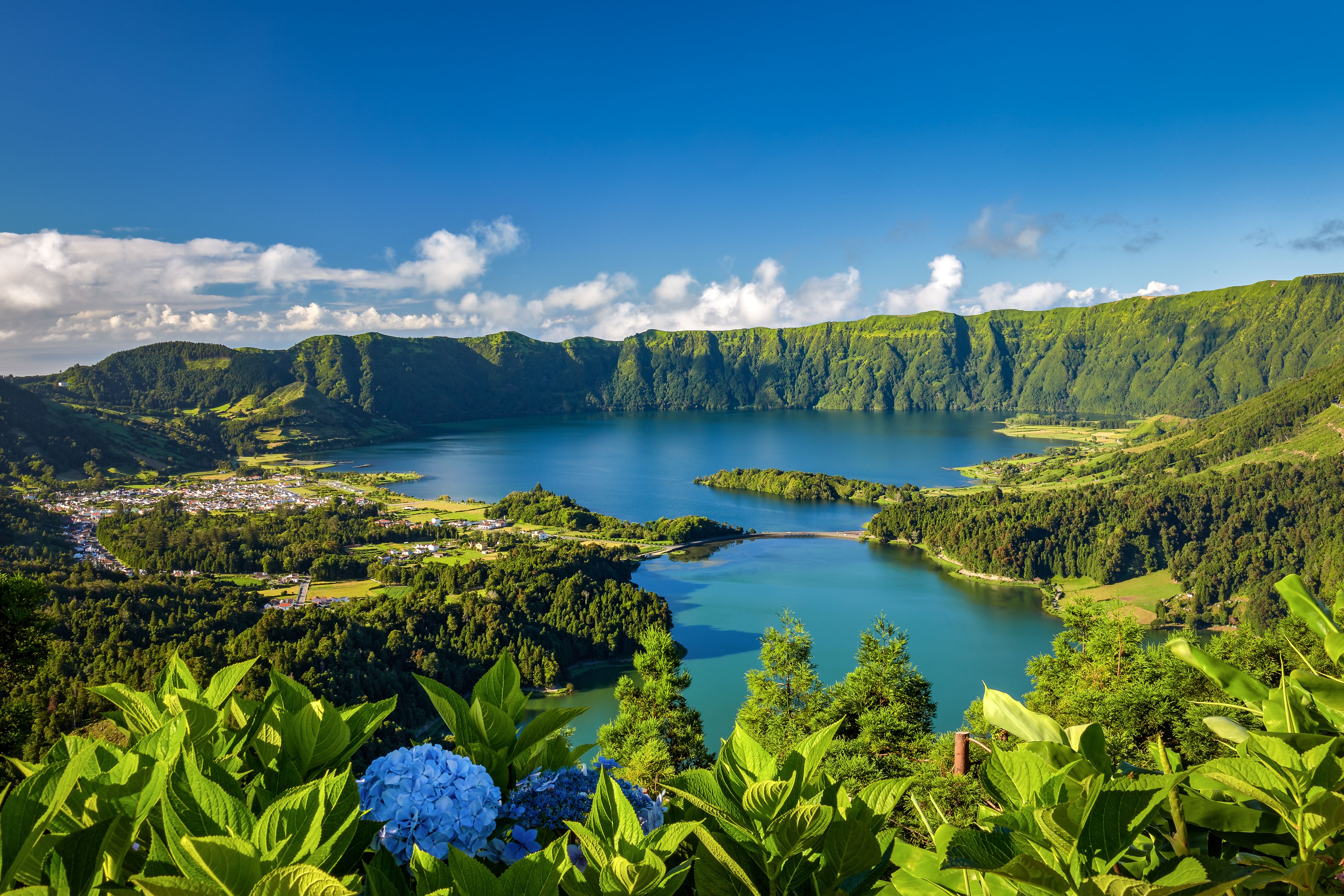 View of the twin crater lakes of Sete Cidades in the Azores, Portugal
