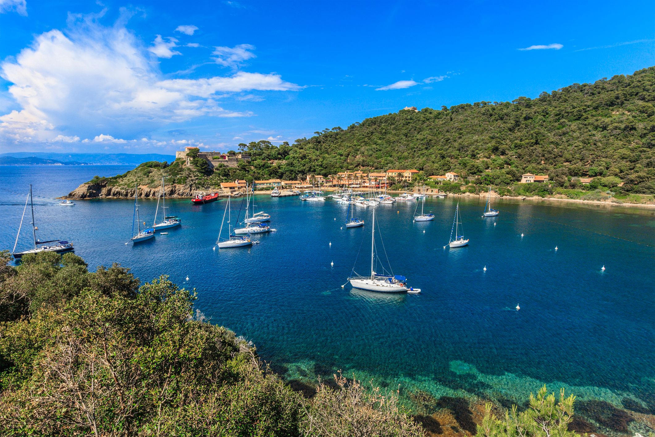 A view of boats moored off the coast of Port-Cros island - part of the Îles d'Hyères islands in France
