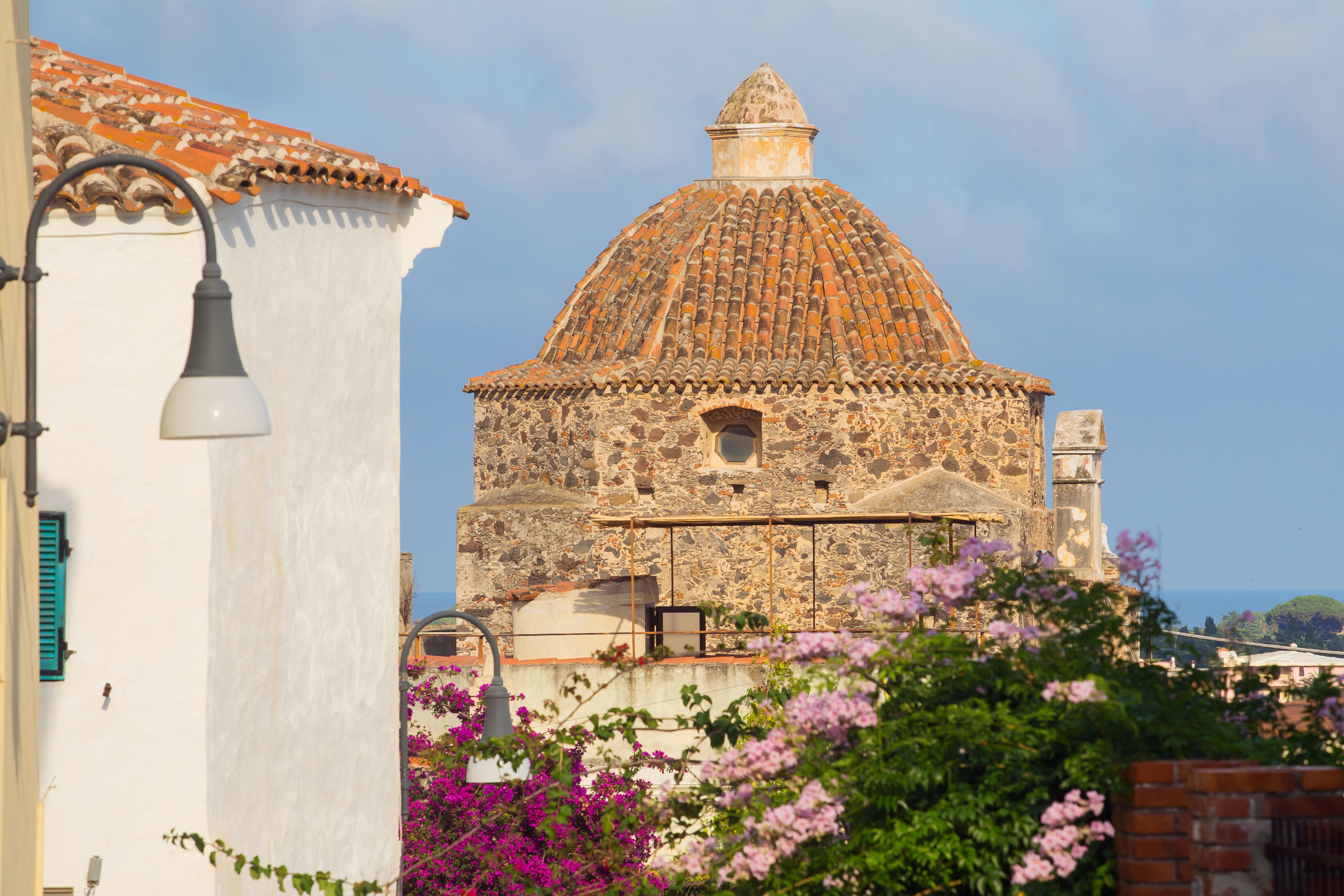 View of the stone dome of an Italian church with pink flowers in the foreground
