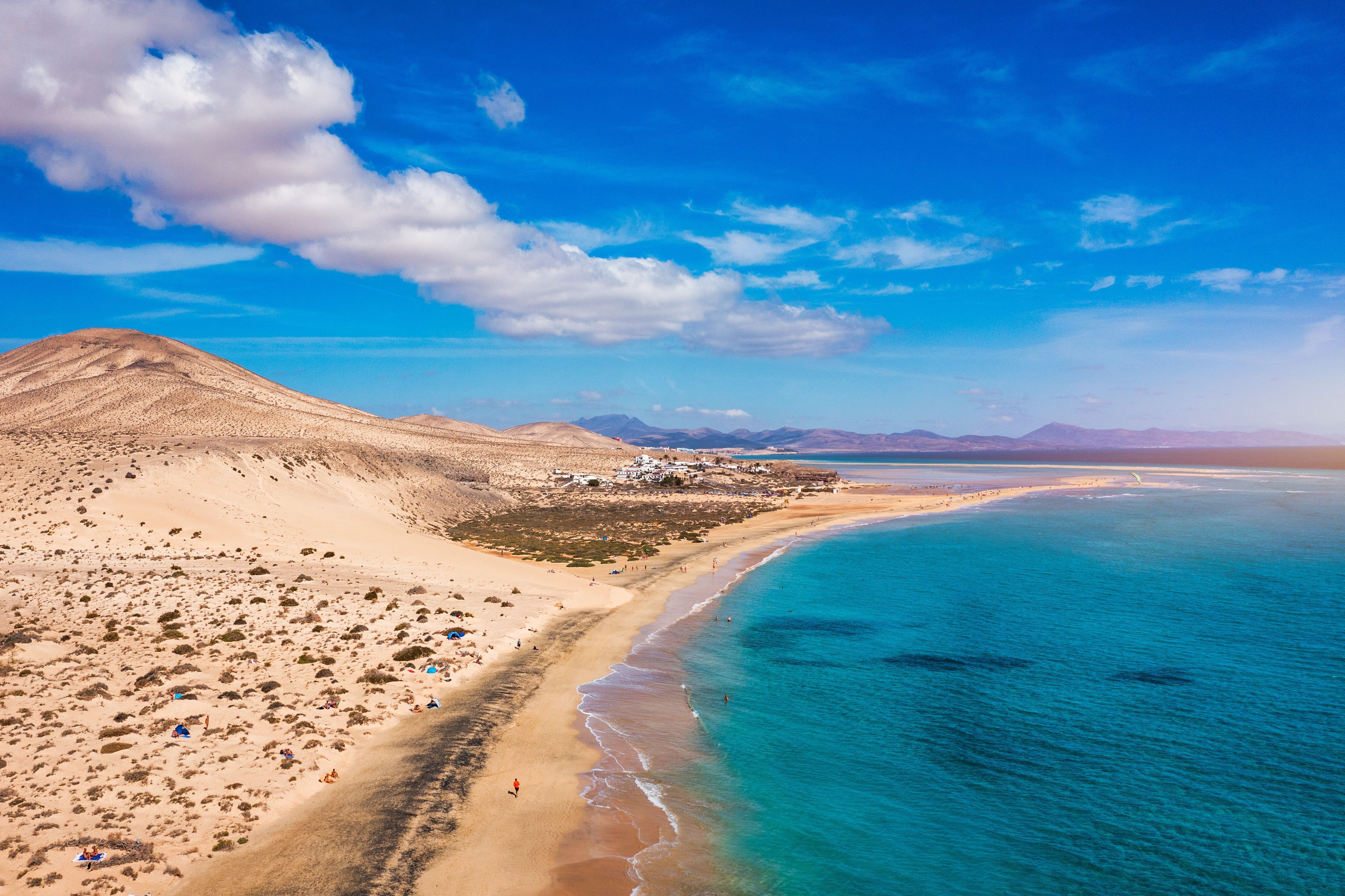 An aerial view of Sotavento beach in Fuerteventura