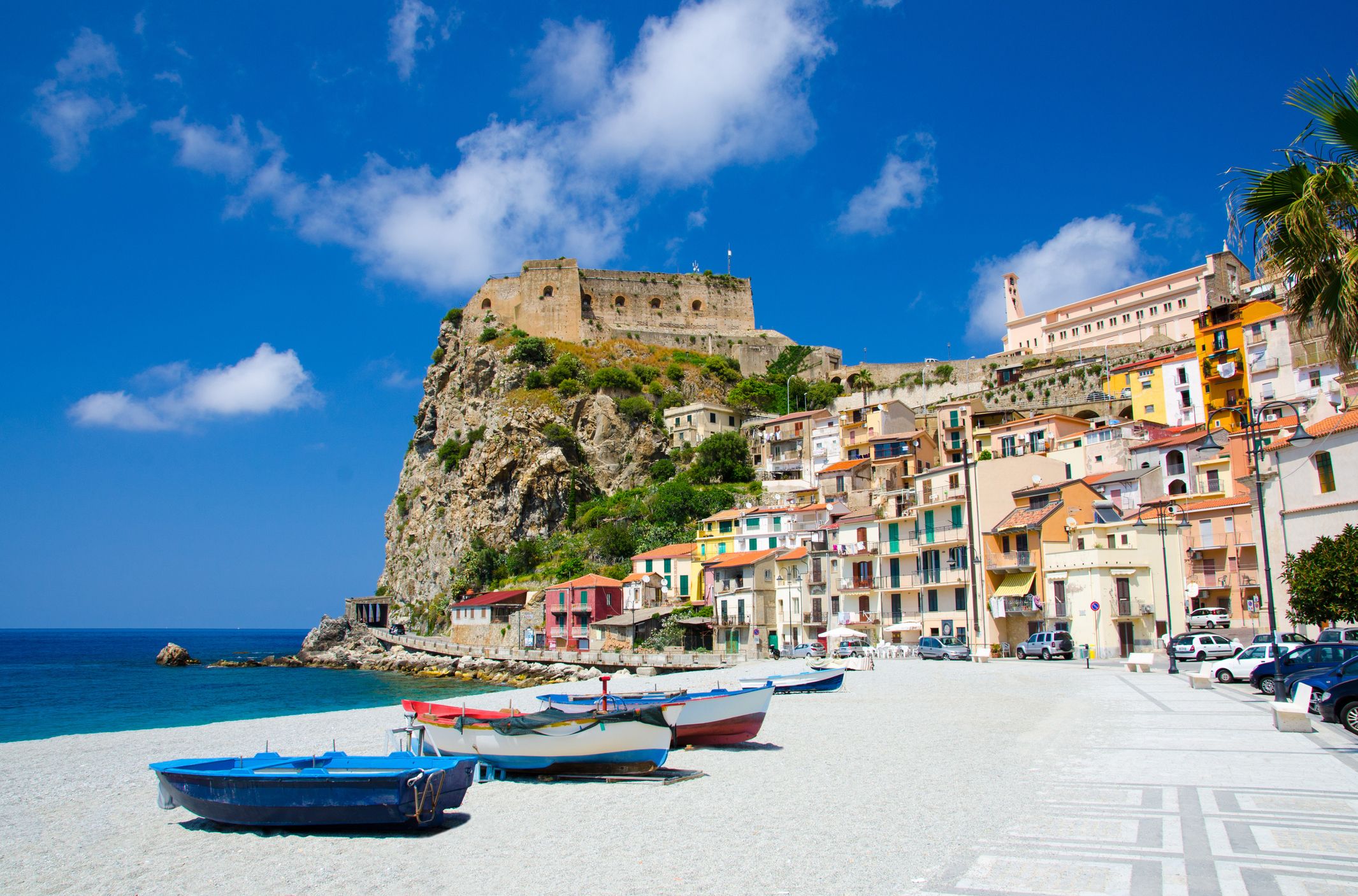 A view of Scilla beach and town in Calabria, Italy