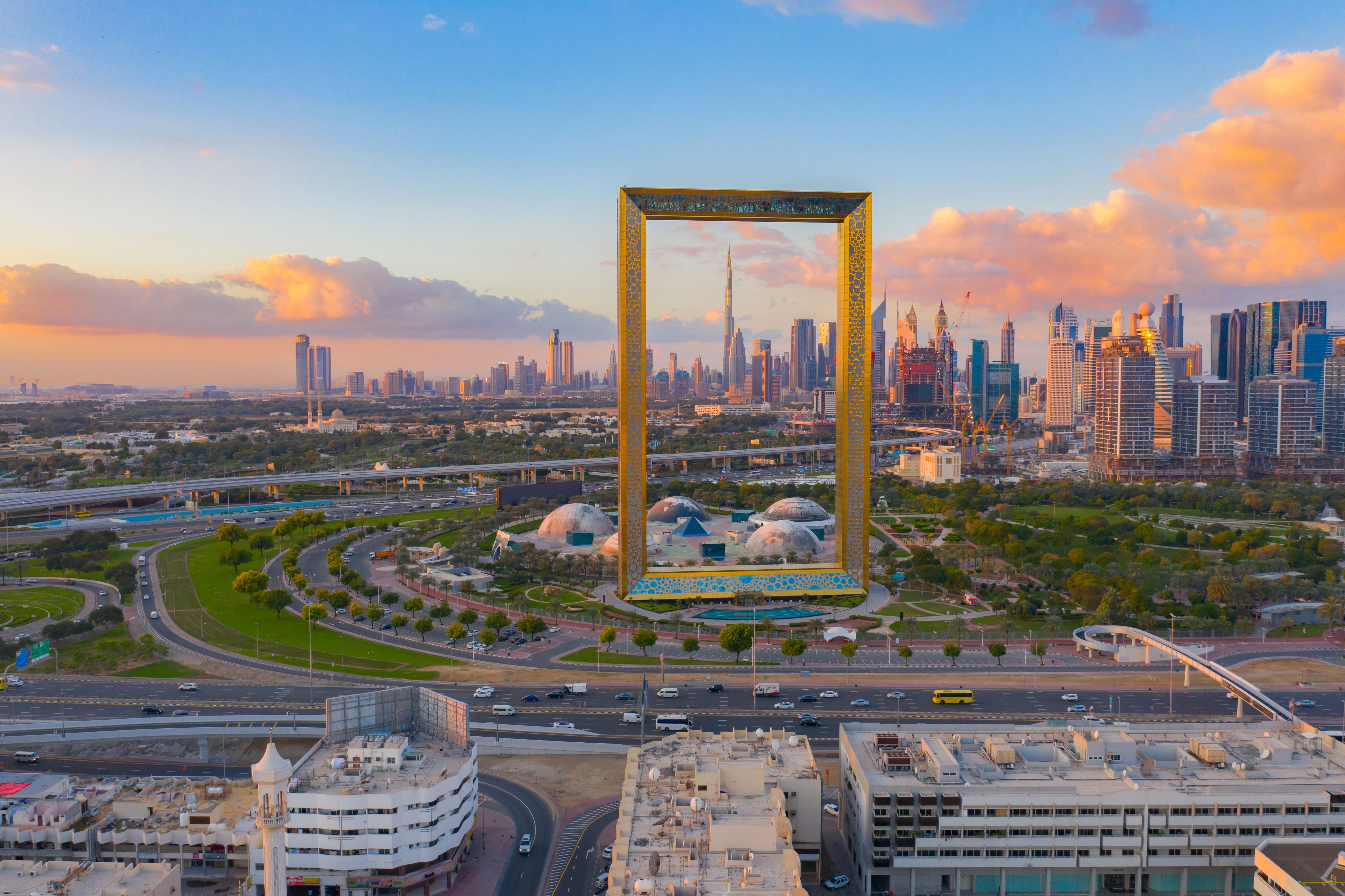 Aerial view of Dubai Frame and the Downtown skyline in Dubai