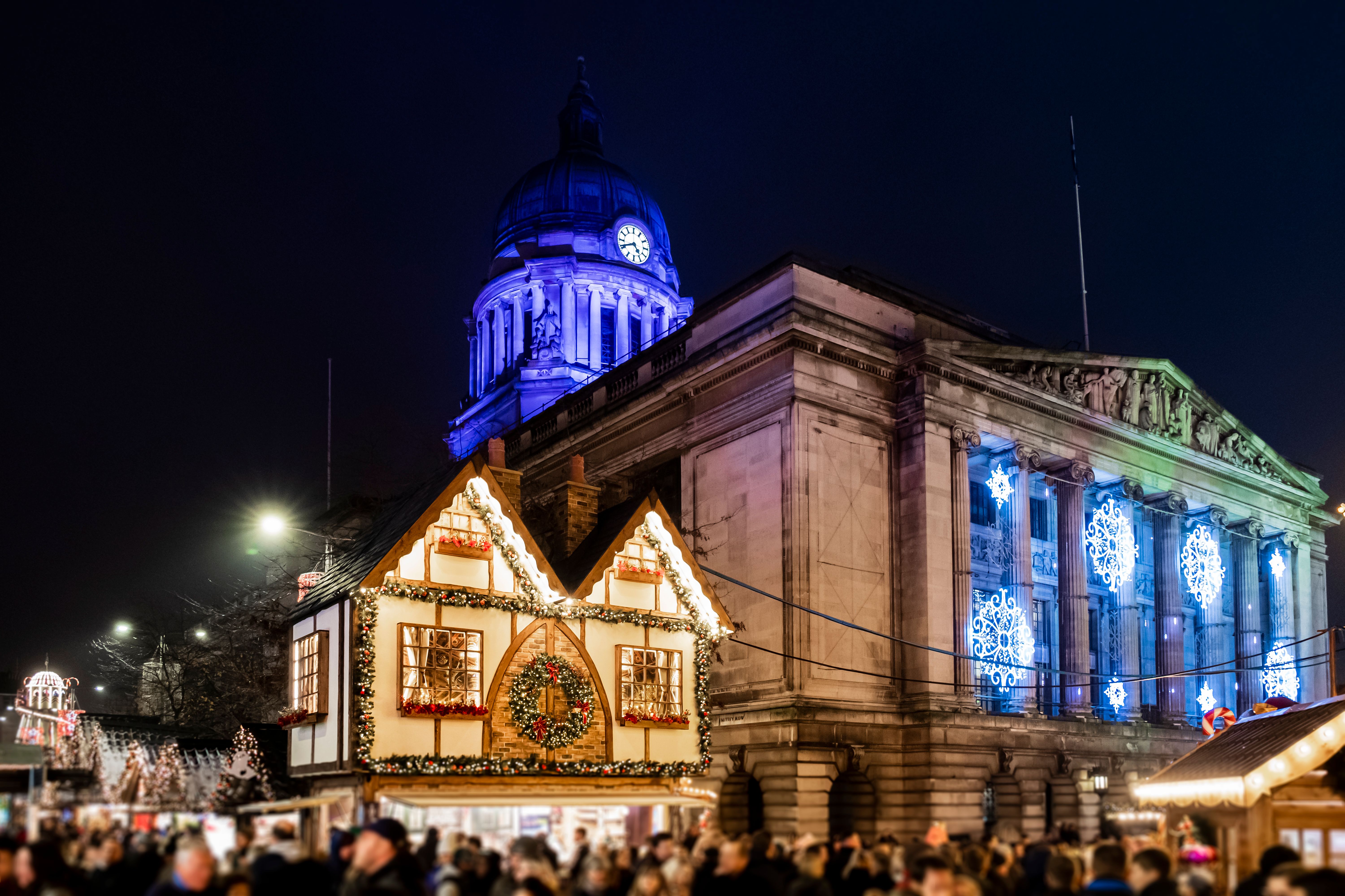 Nottingham city centre decorated for Christmas with lights and market stalls