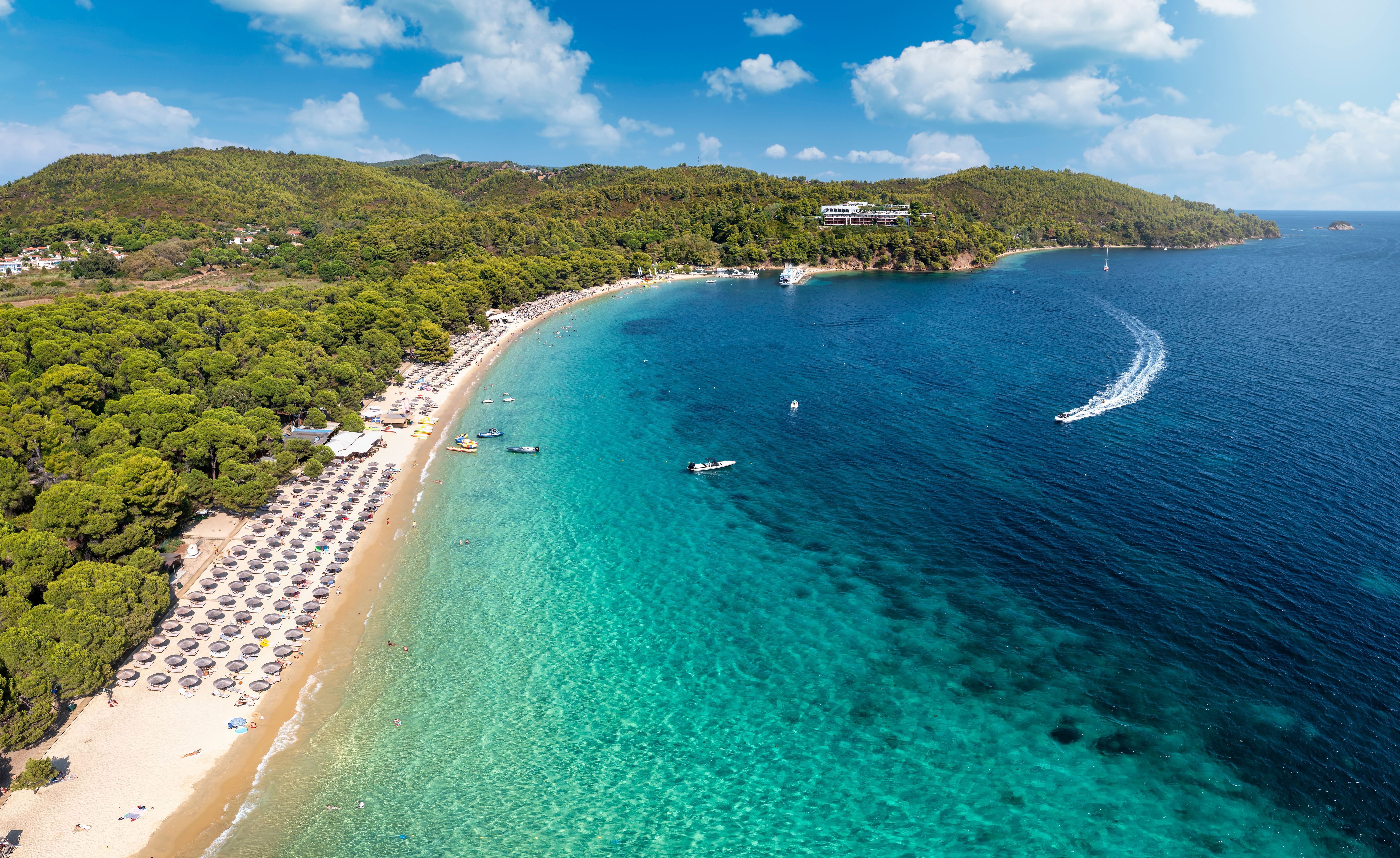 An aerial view of Koukounaries beach on Skiathos, Greece
