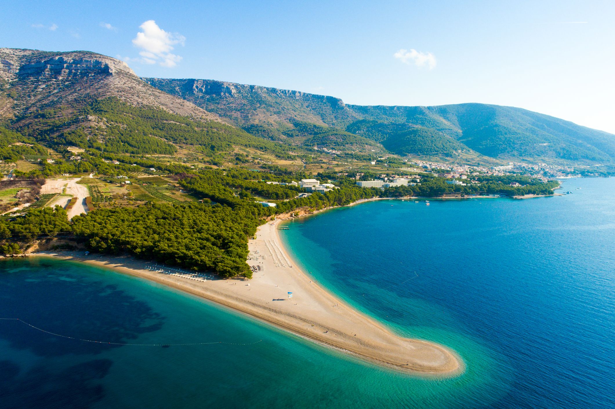 Aerial view of the golden sand spit of Zlatni Rat beach in Croatia