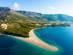 Aerial view of the golden sand spit of Zlatni Rat beach in Croatia