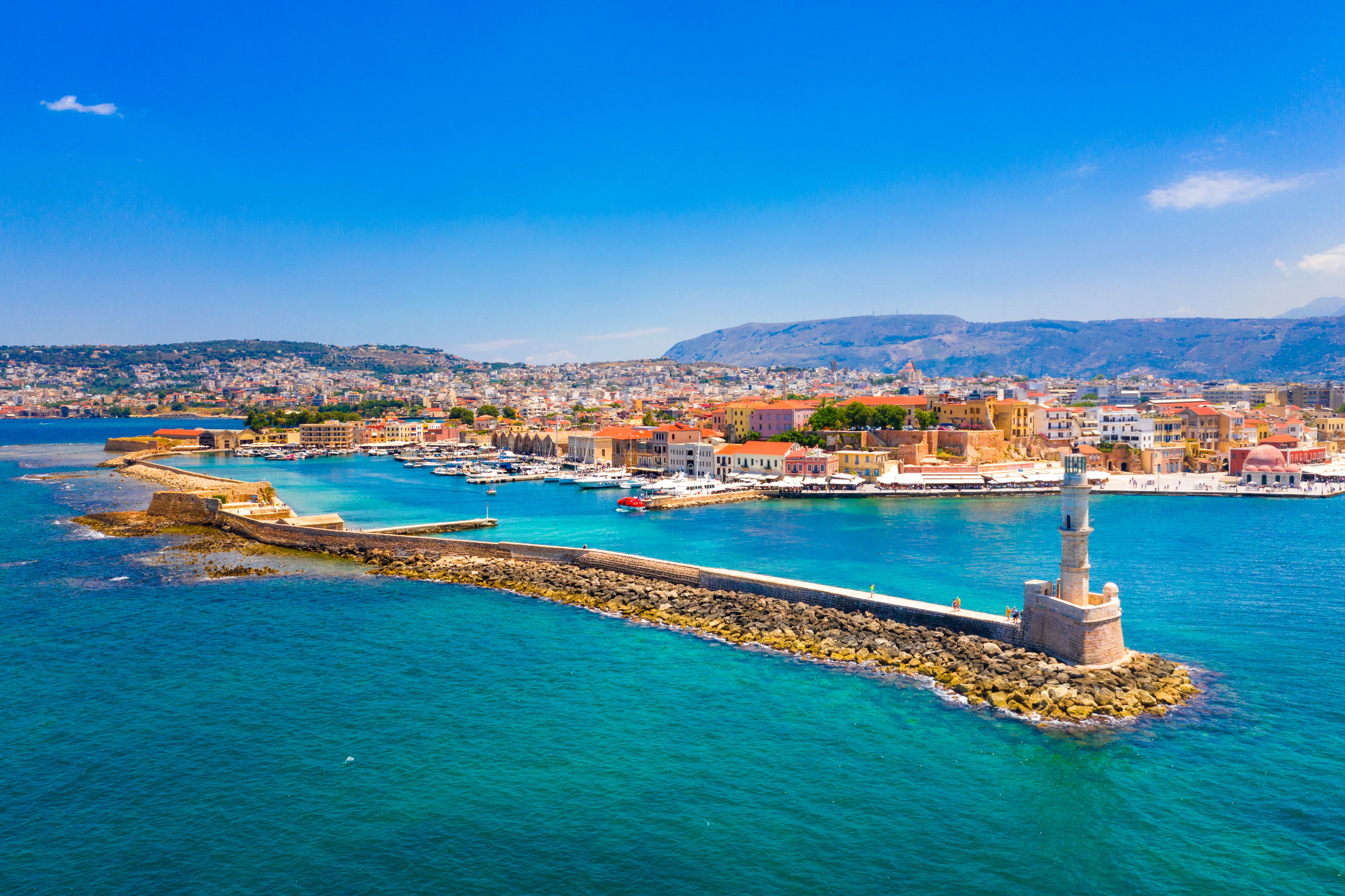 A view of Chania harbour and town in Crete, Greece