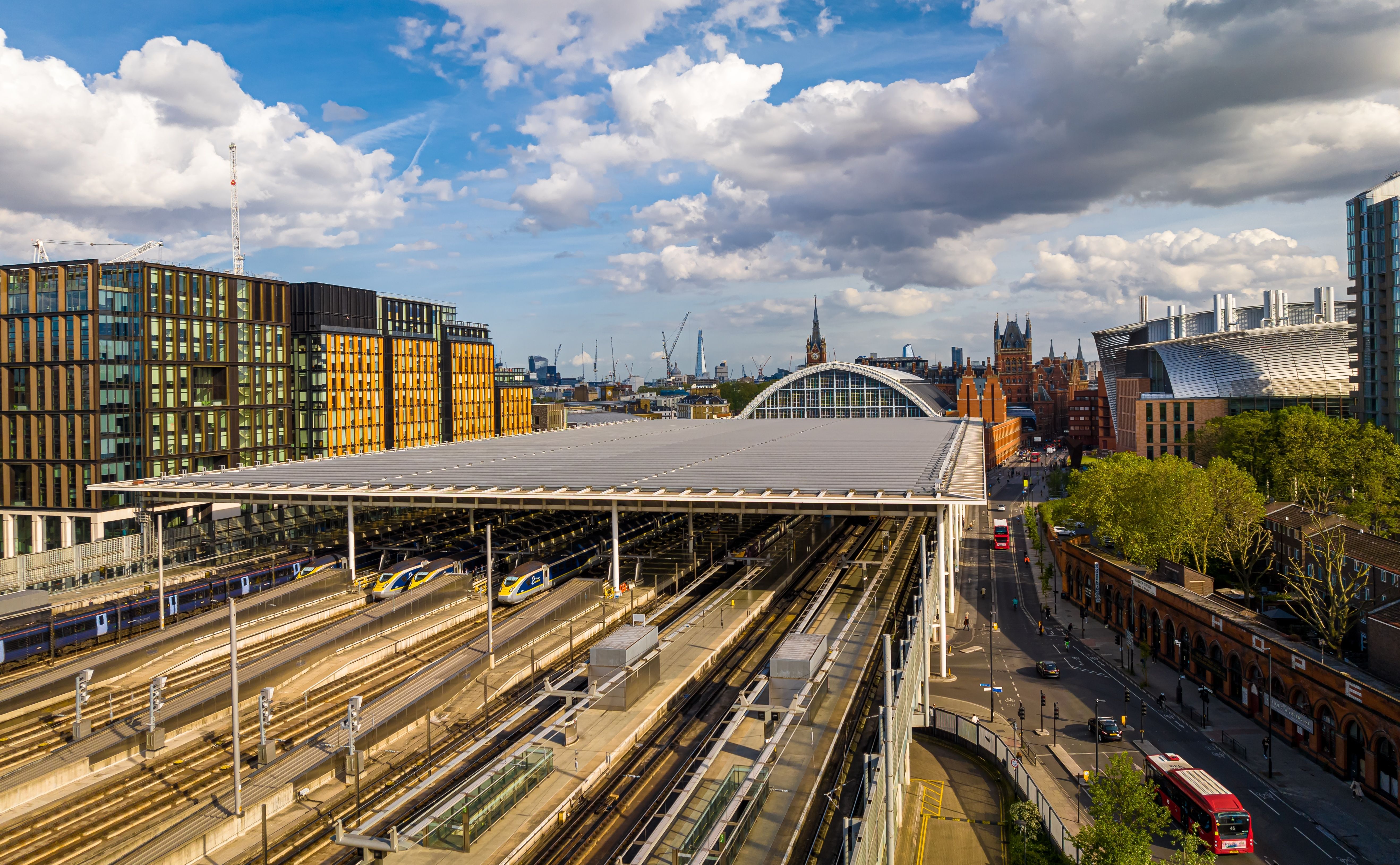 Aerial view of St Pancras and Kings Cross train stations in London