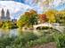 A view of boats in the lake in Central Park, New York on an autumn day