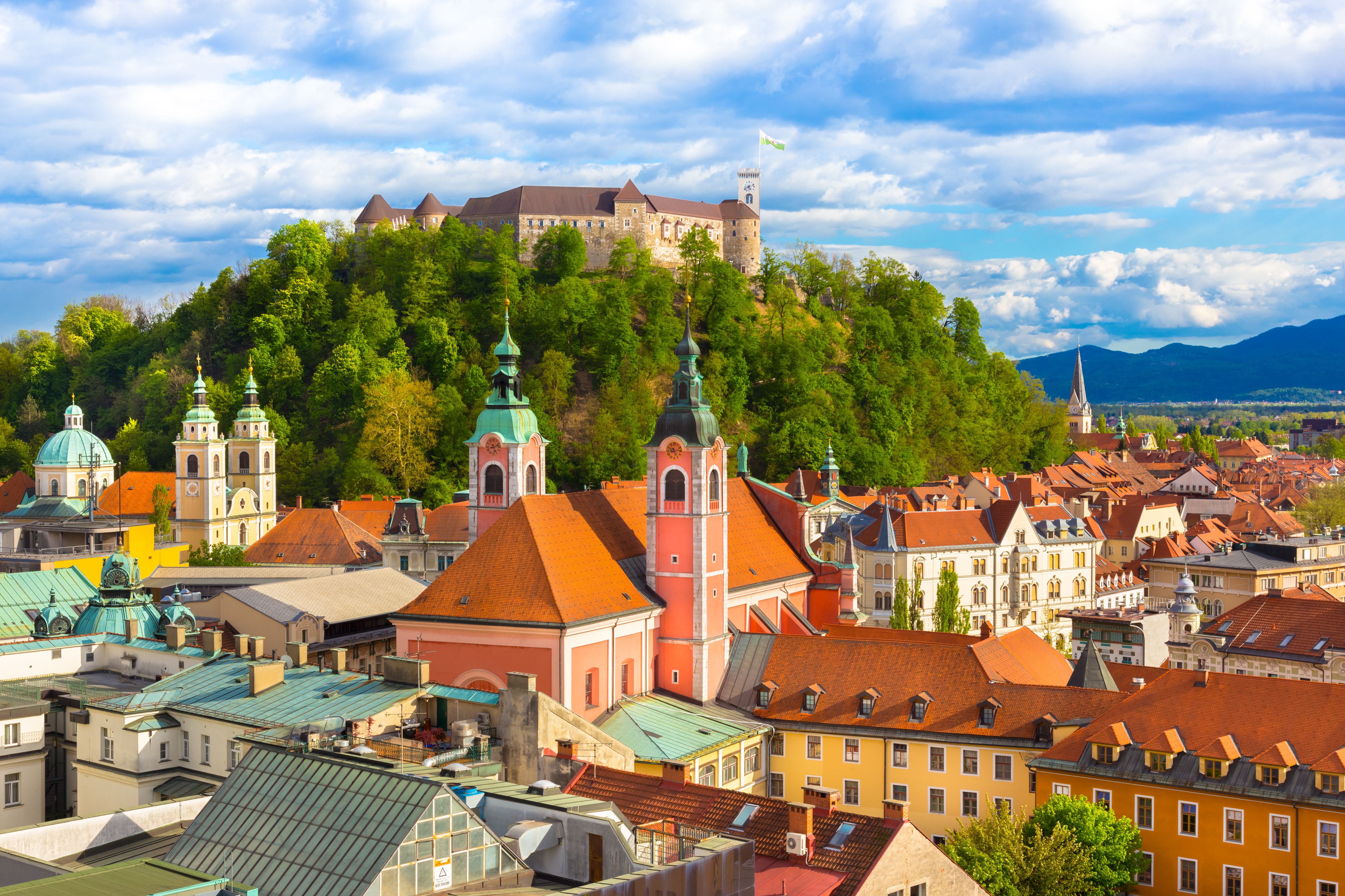 An aerial view of rooftops in Ljubljana old town, Slovenia