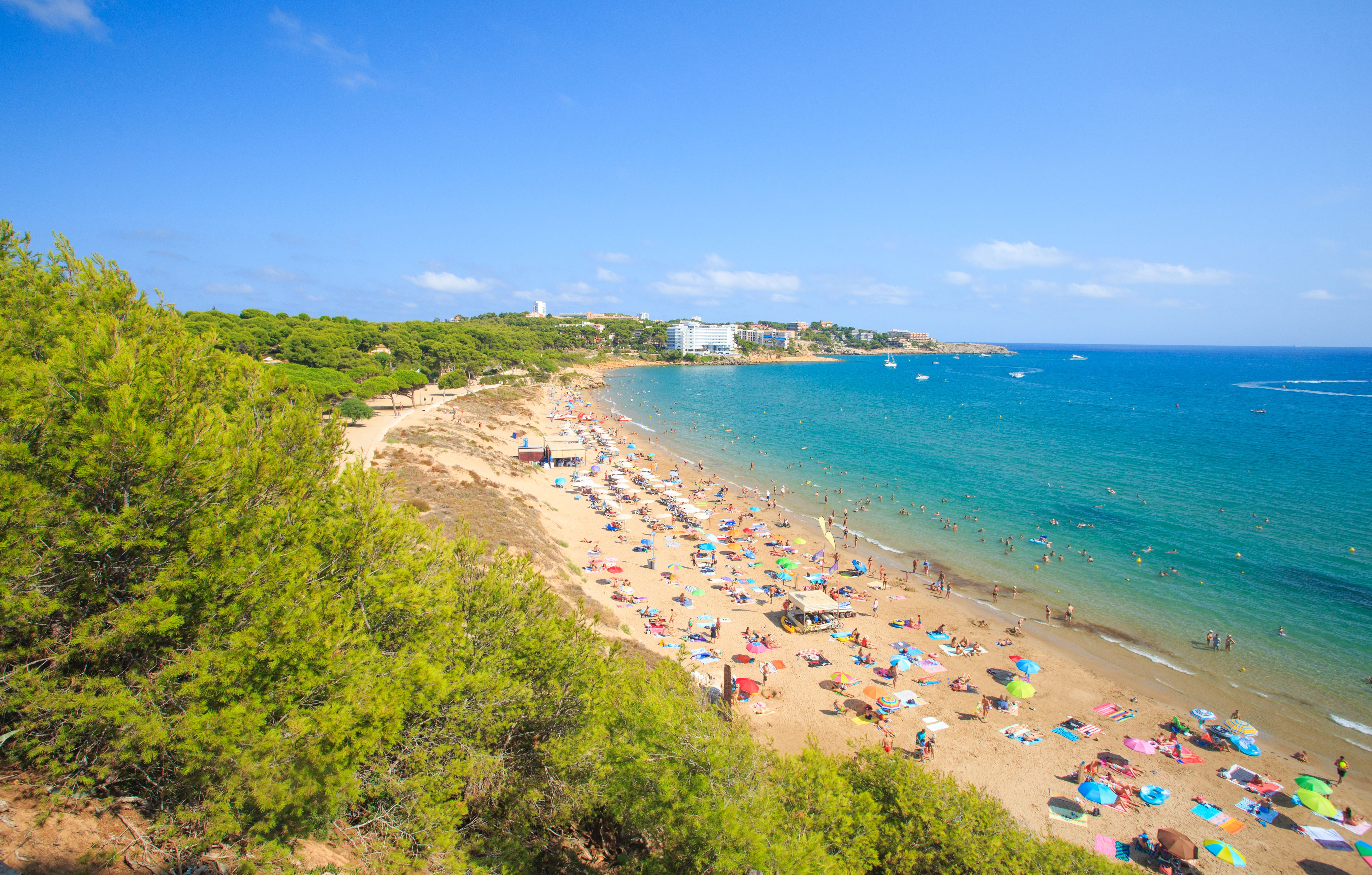 The busy Platja Llarga beach with rows of beach umbrellas on golden sand and dunes covered in green treens in Salou