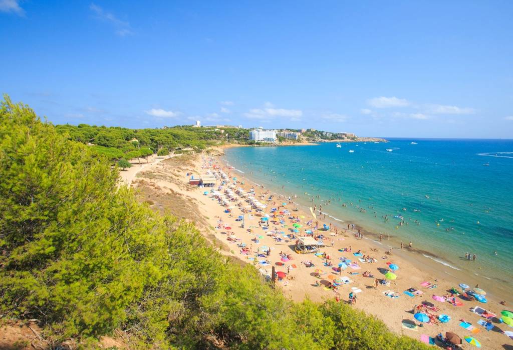 The busy Platja Llarga beach with rows of beach umbrellas on golden sand and dunes covered in green treens in Salou