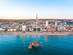 Aerial view from the beach towards the beach and pier at Brighton, England