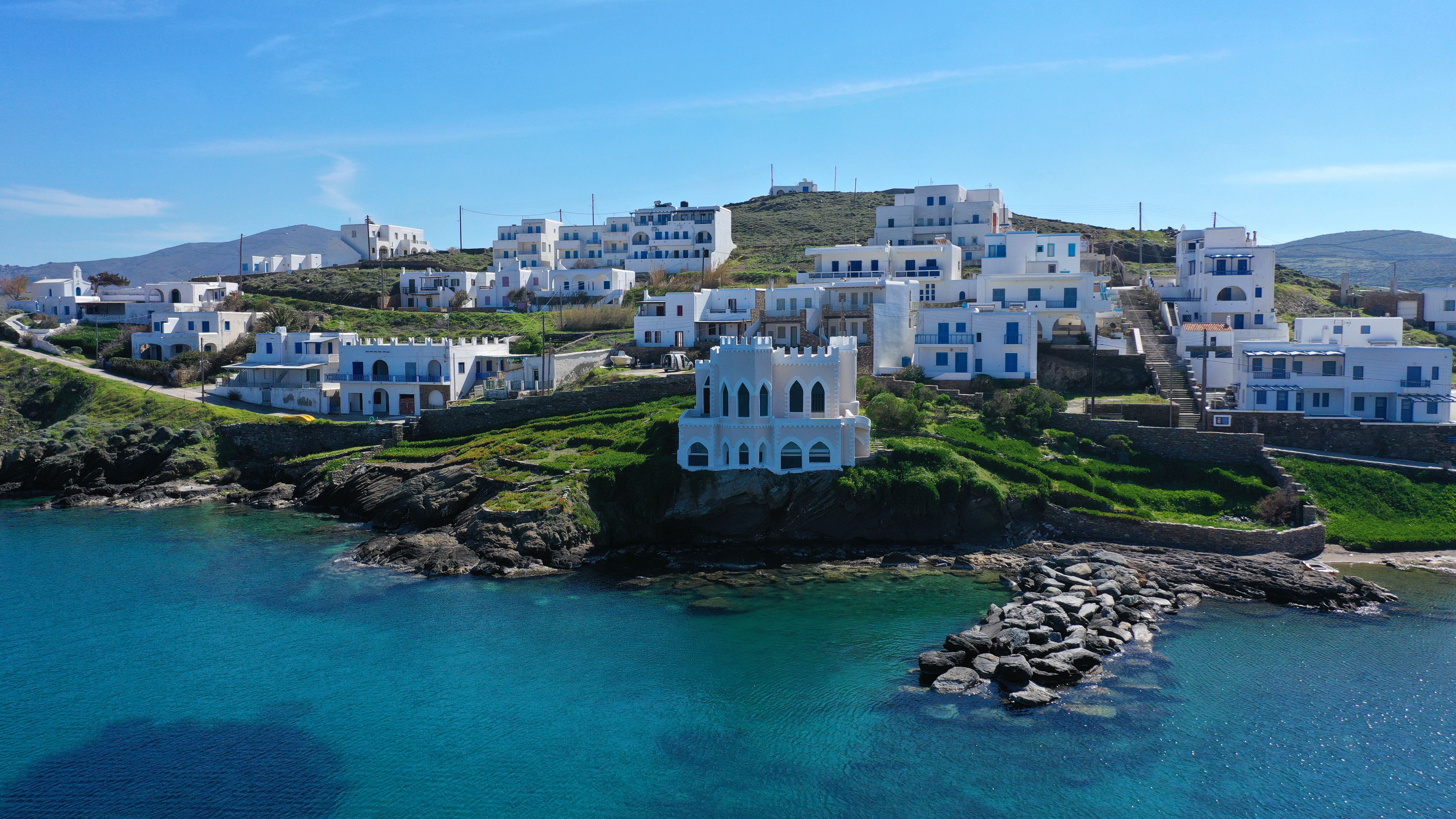 Aerial view of the seaside fishing village of Loutra on Kythnos island, Greece