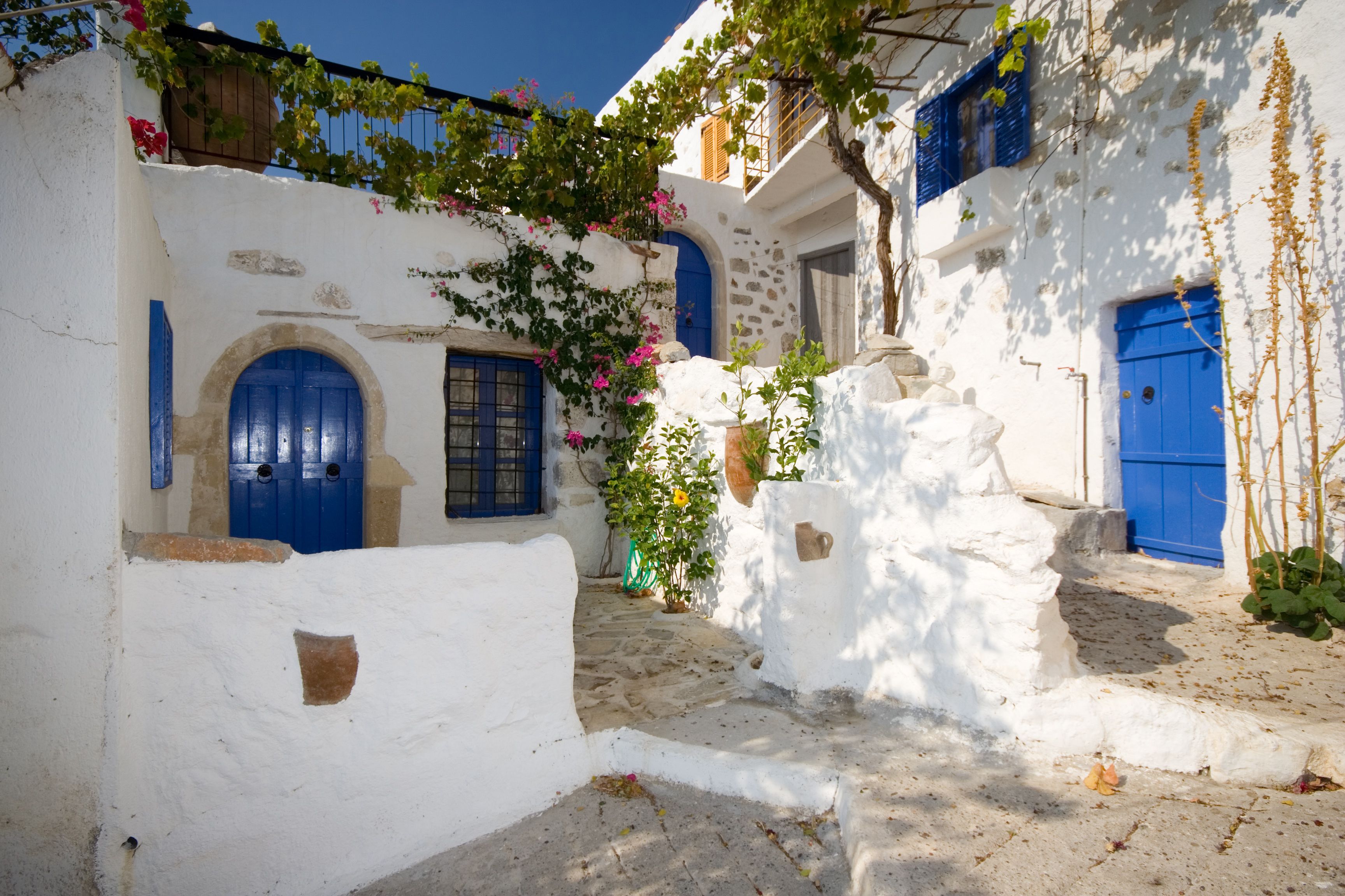 View of a whitewashed villa with vibrant blue doors and windows that's draped in pink bougainvillea.