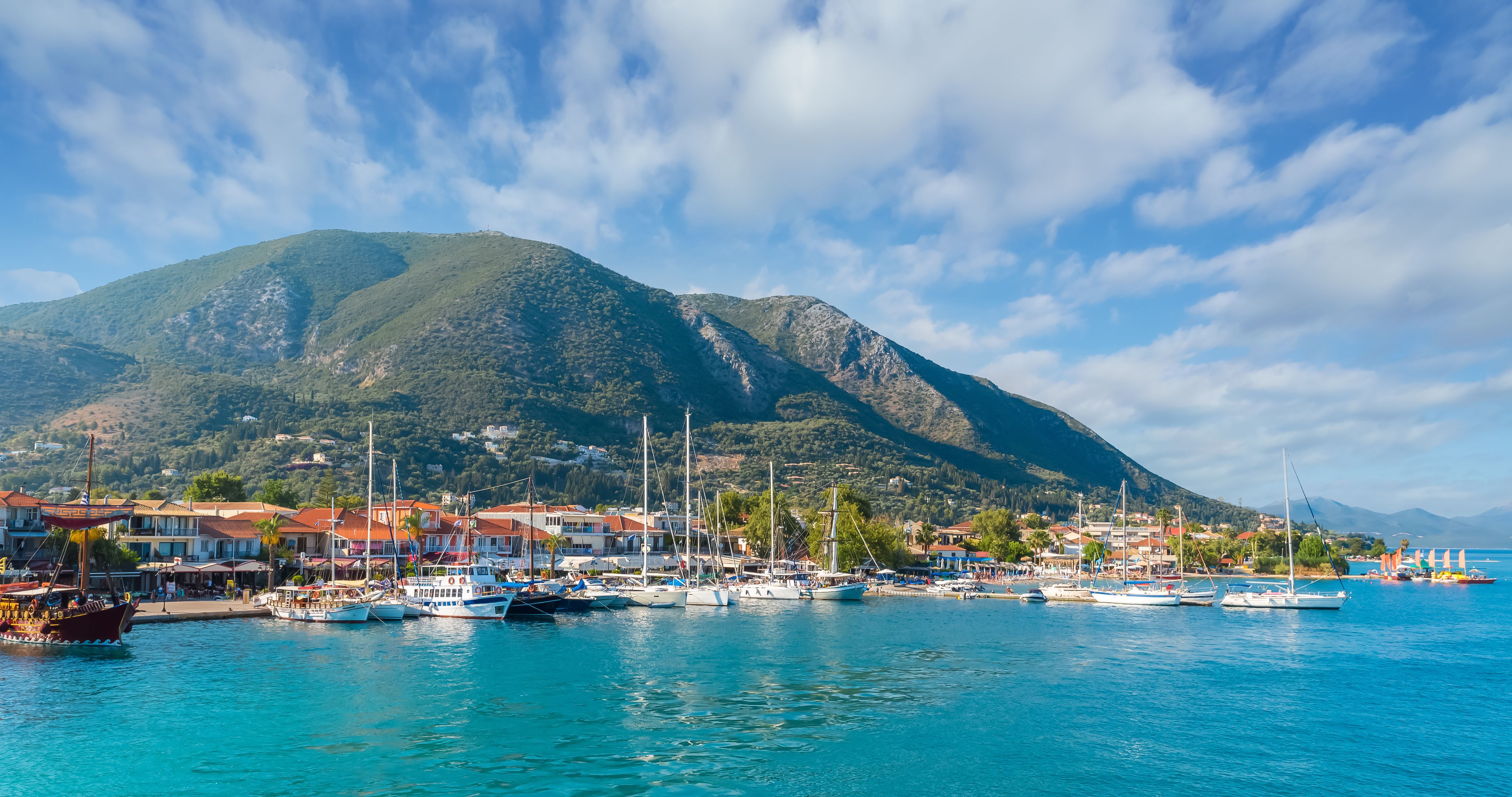 View of Nydri (Nidri) harbour and village on the island of Lefkas (also known as Lefkada) in Greece