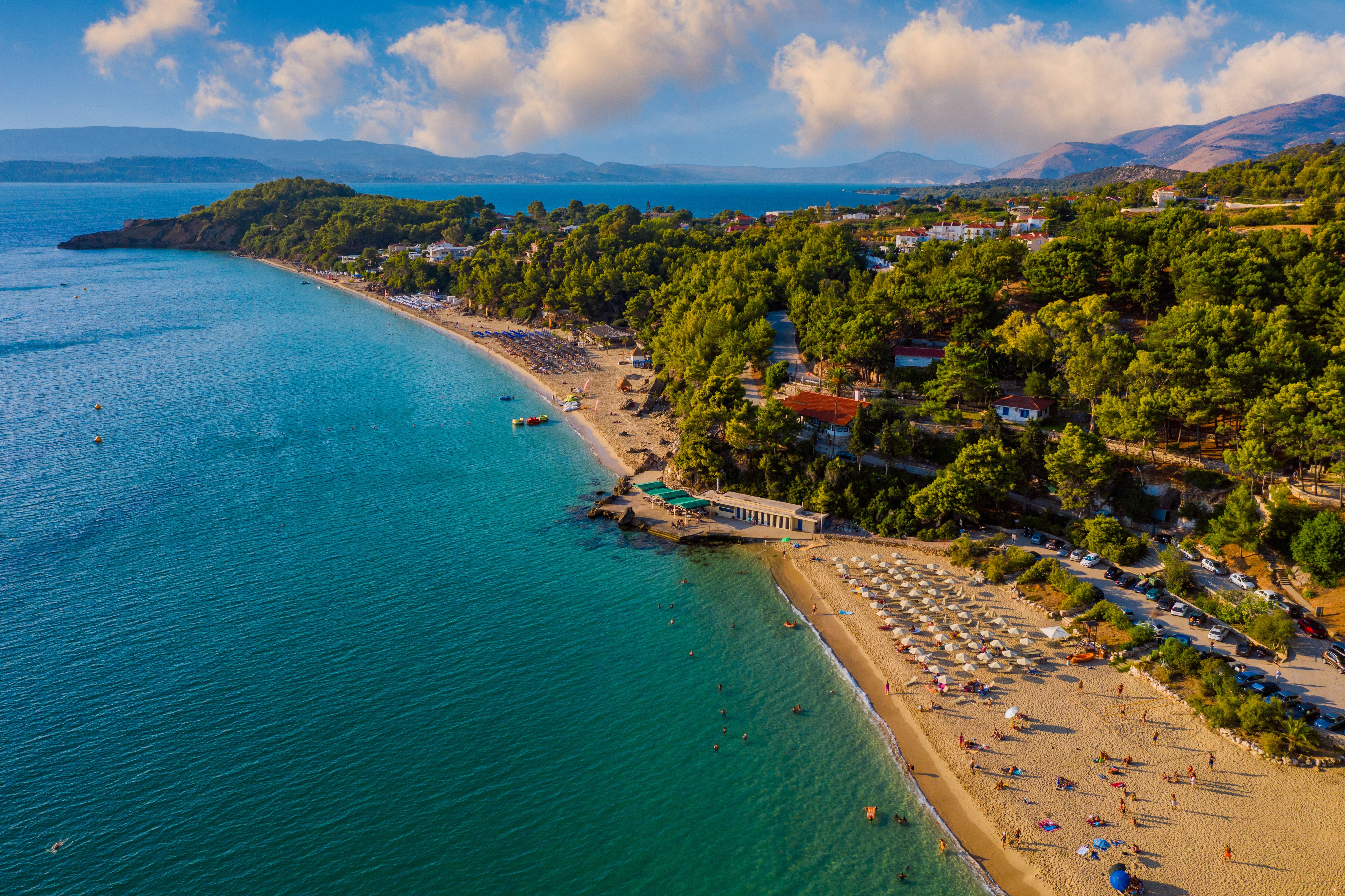An aerial view of Lassi's coastline with Platis Gialos beach in Kefalonia