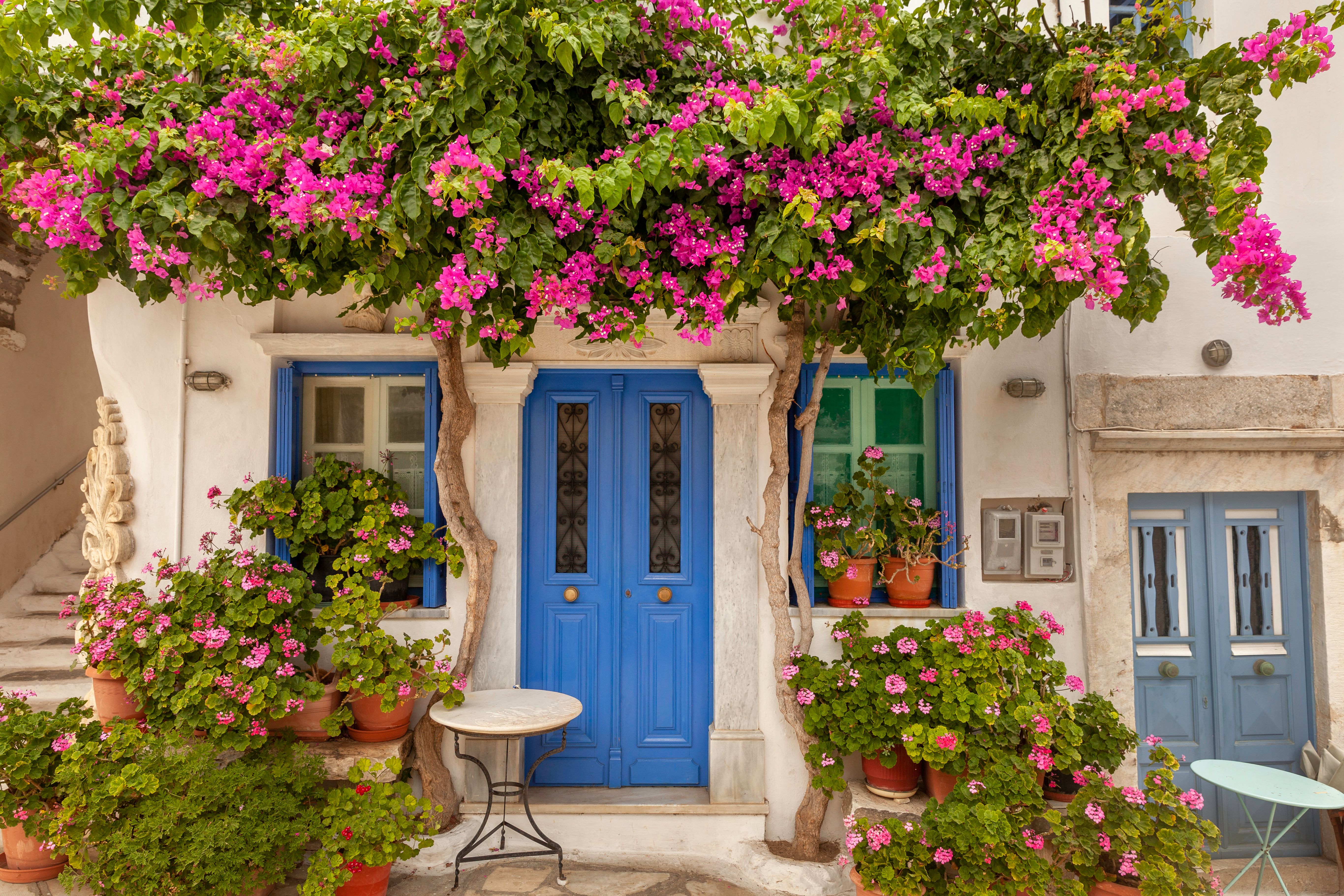 A view of a traditional house front in Tinos, Greece