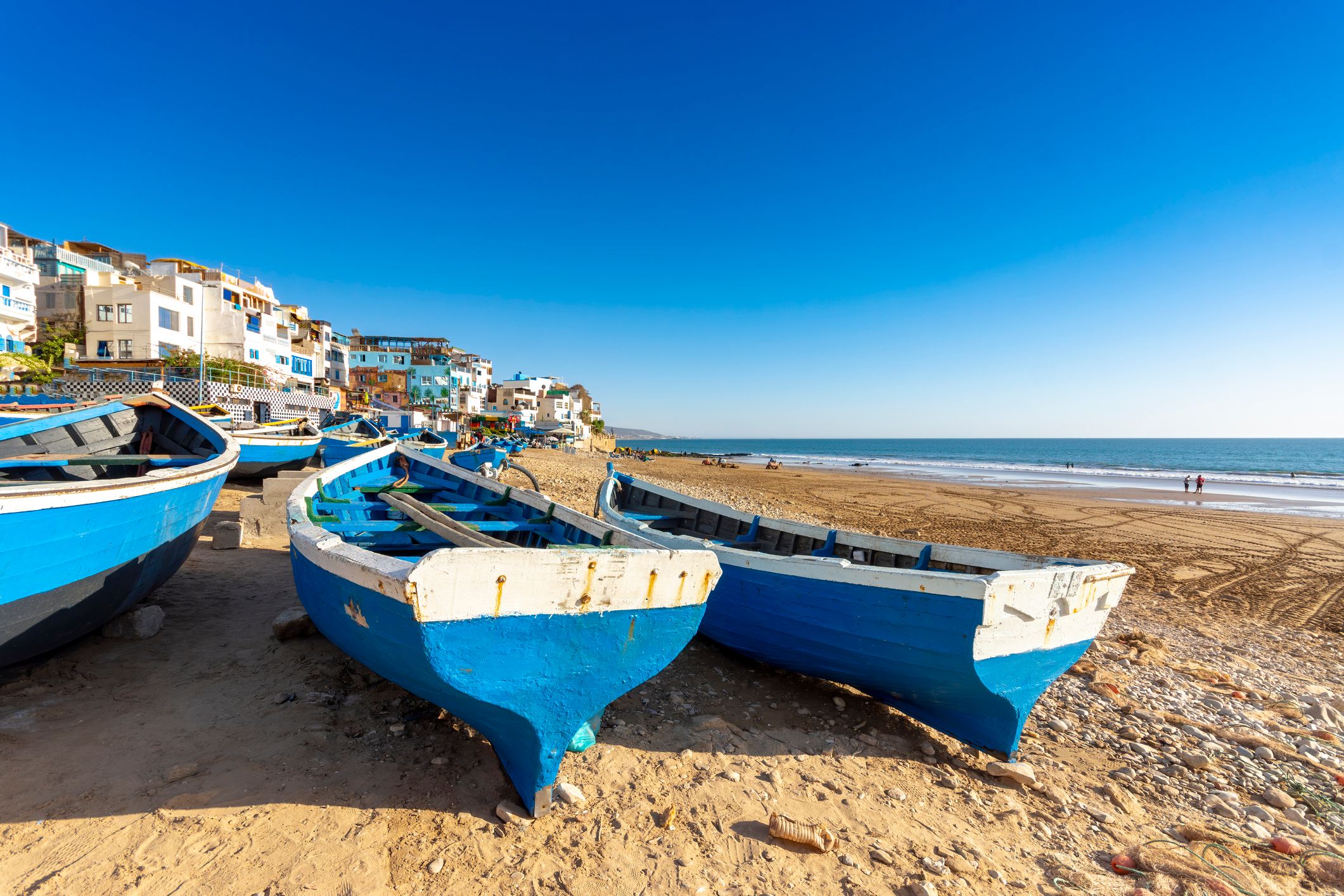 Fishing boats on the beach in Taghazout, Morocco