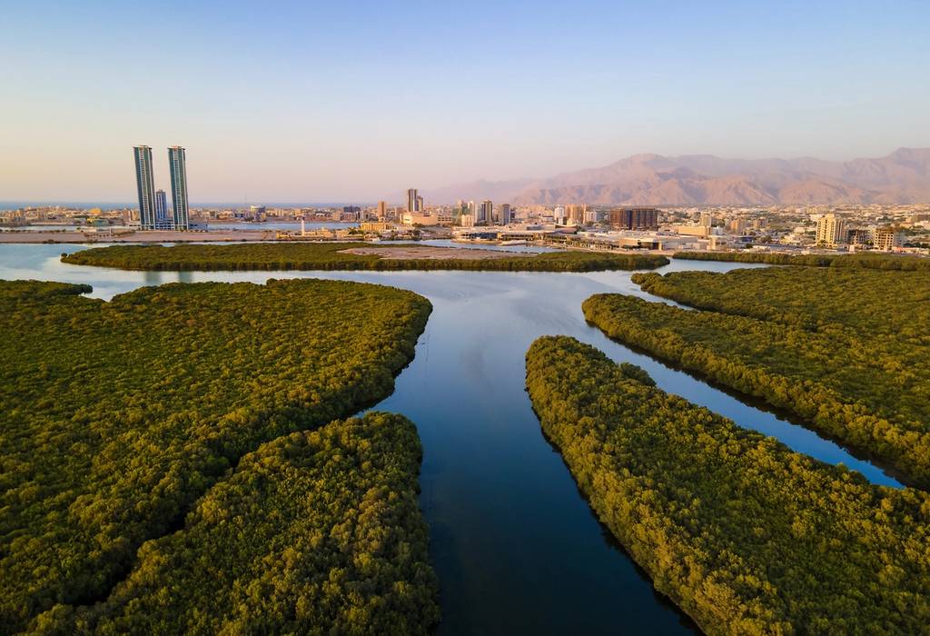 Aerial view of Ras al Khaimah cityscape rising over mangroves and a creek at sunset