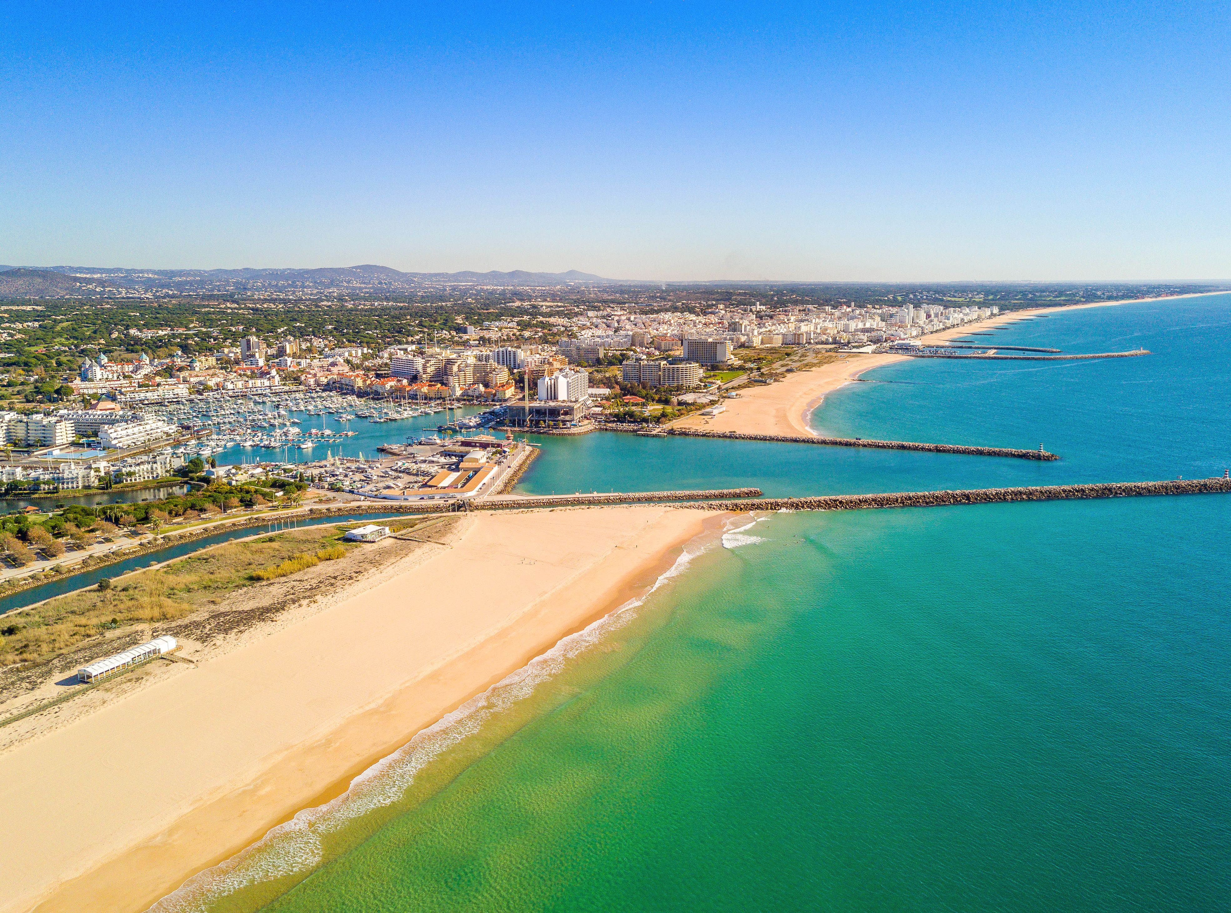 An aerial view of Vilamoura town and harbour in the Algarve, Portugal