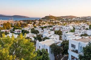 Aerial view of Bodrum's whitewashed houses and and the sea in the distance