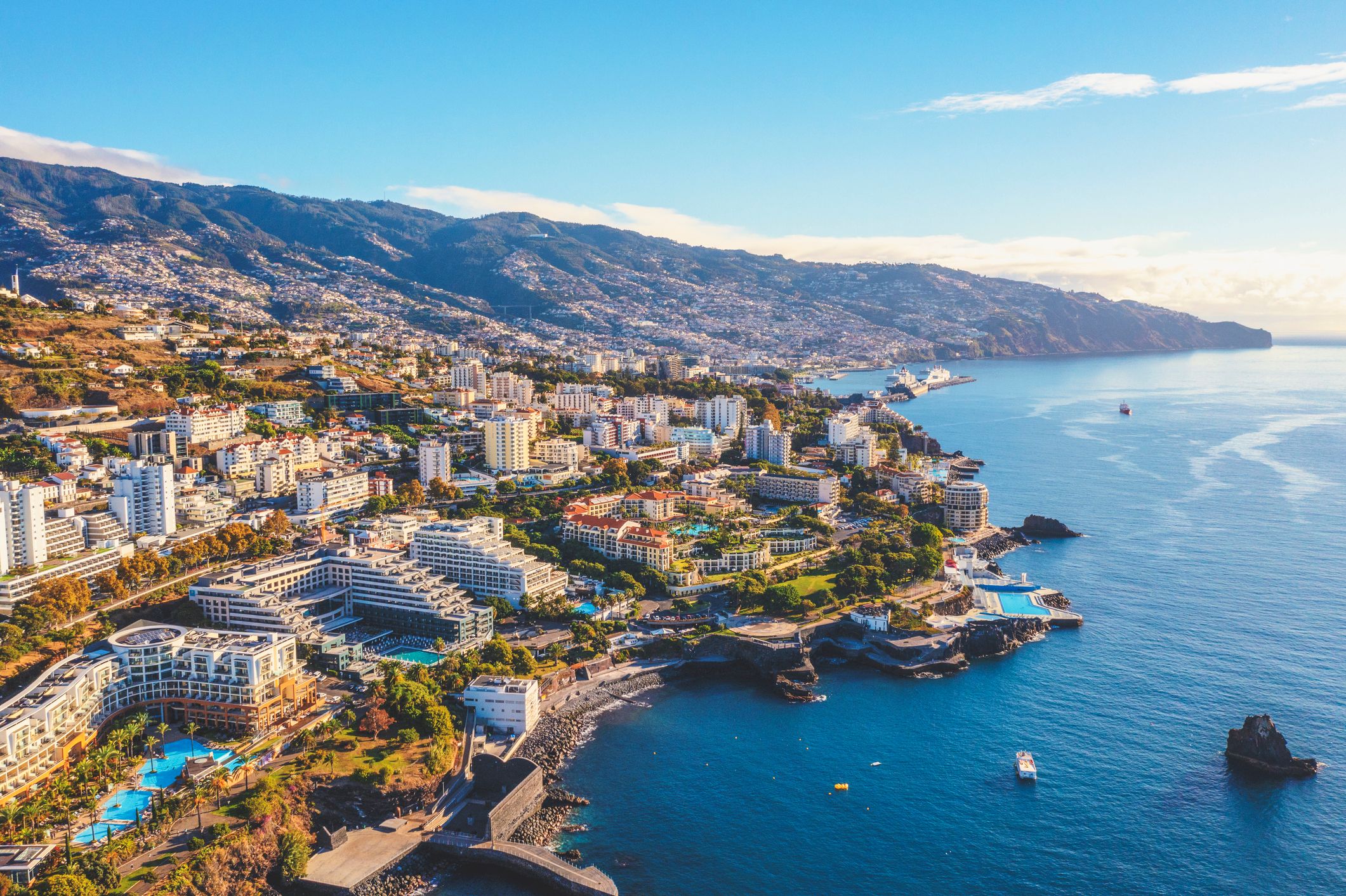 An aerial view of Funchal city and coastline on the island of Madeira in Portugal