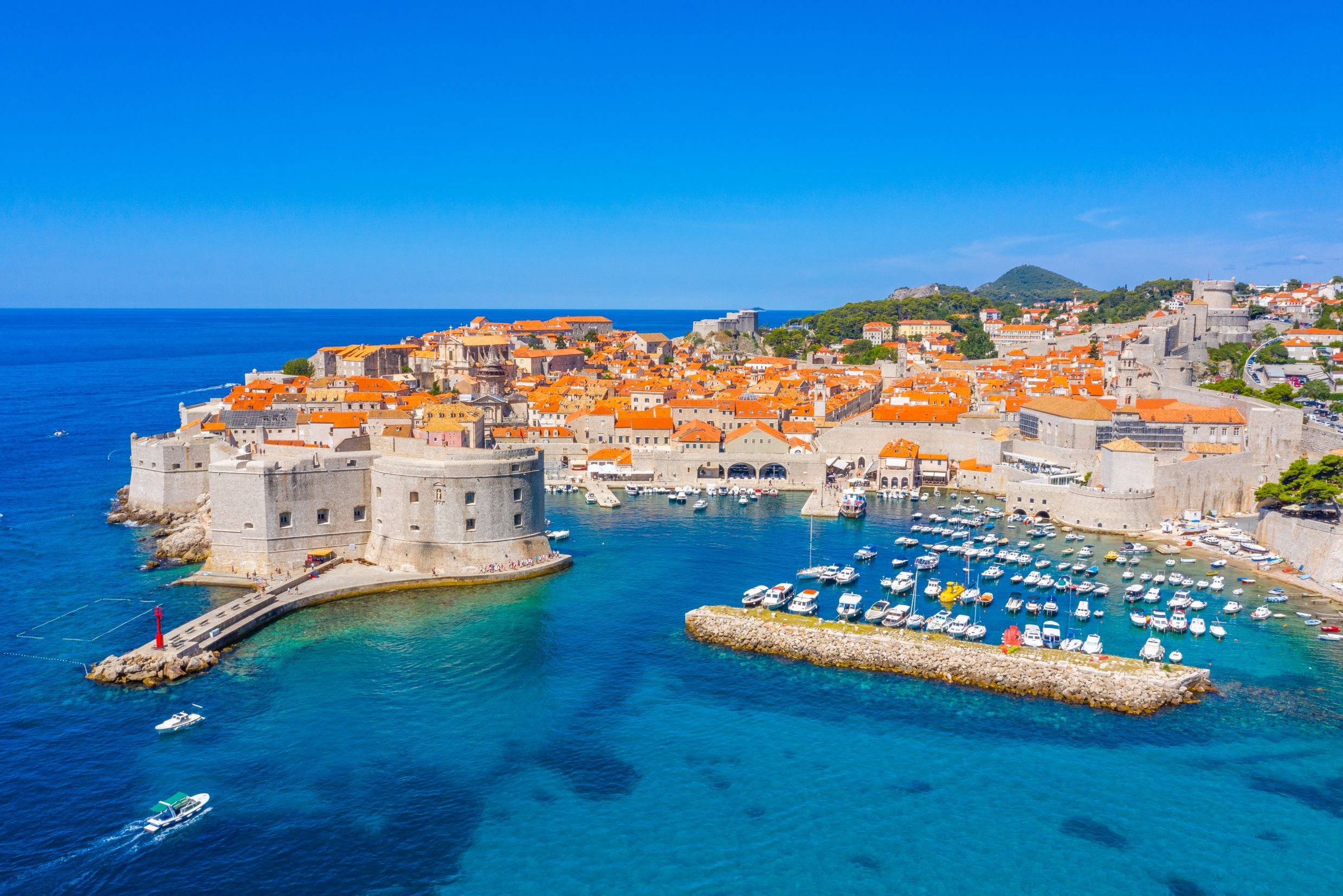 A view across the sea of Dubrovnik Old Town and harbour
