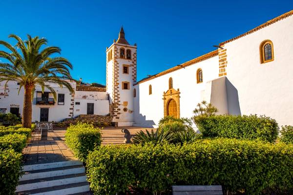 View of historic church building in square of Fuerteventura, Canary Islands, Spain