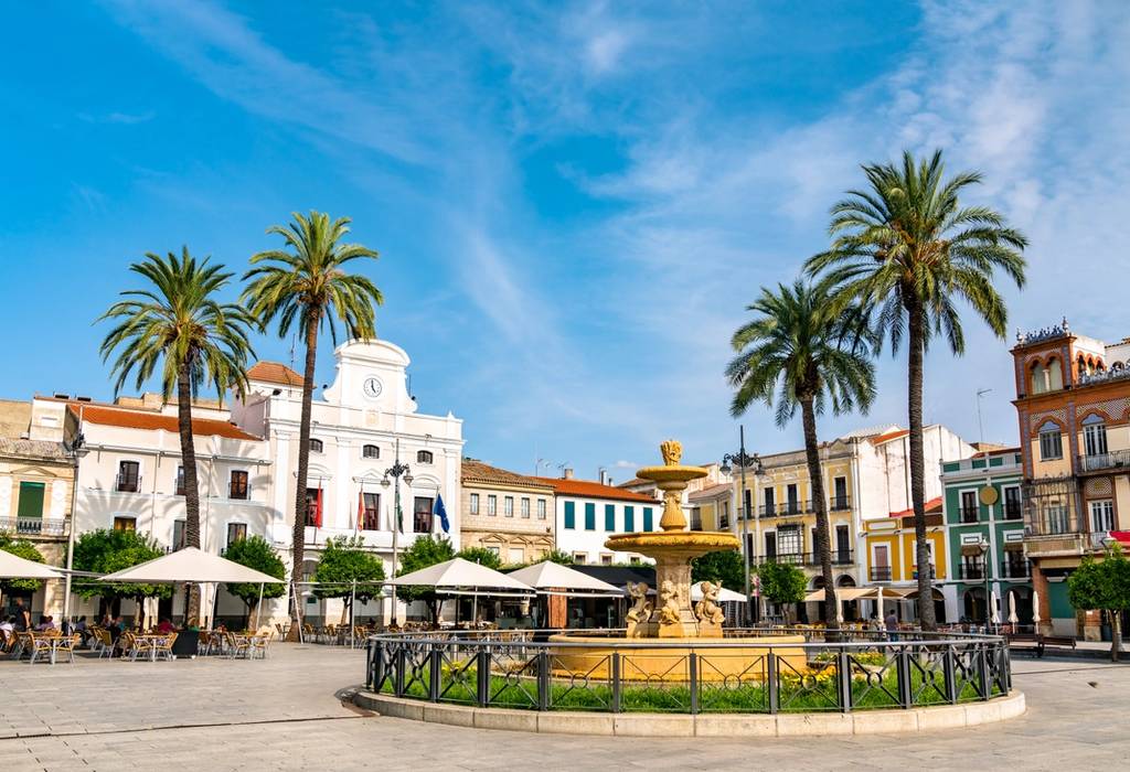 Town square and fountain in Merida, Spain